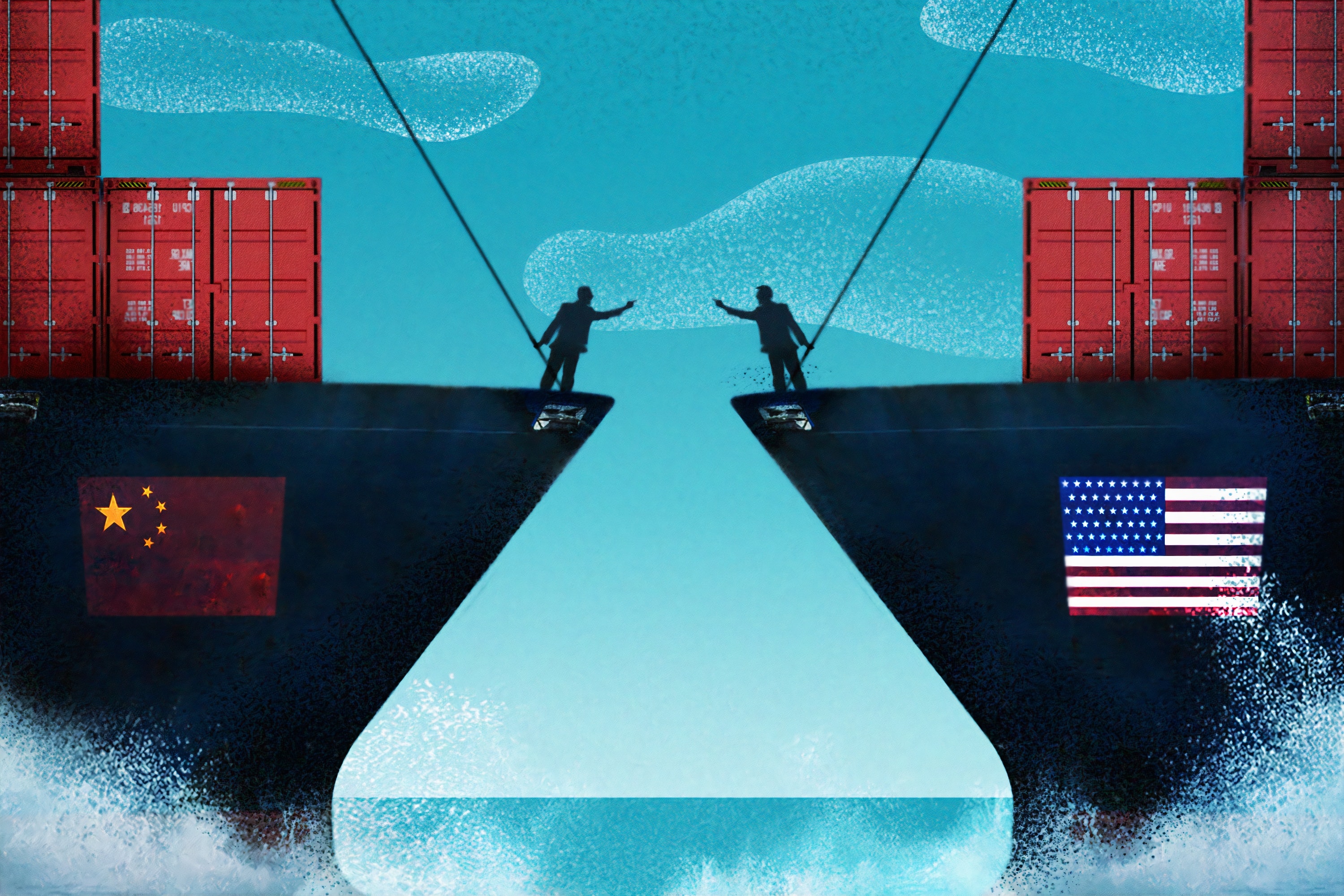 Ships with American and Chinese flags head in opposite directions
