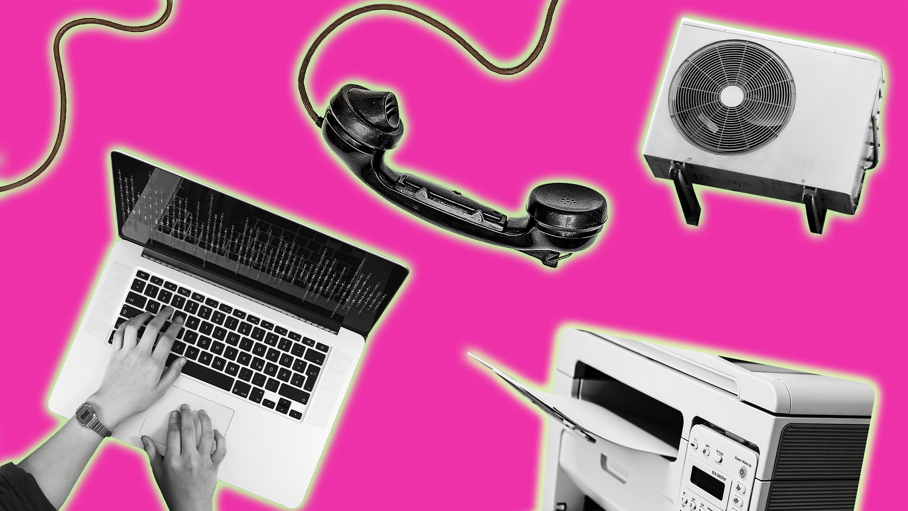 image of person typing on keyboard on left, printer and fax machine on lower right, and phone on top in black and white with bright pink background