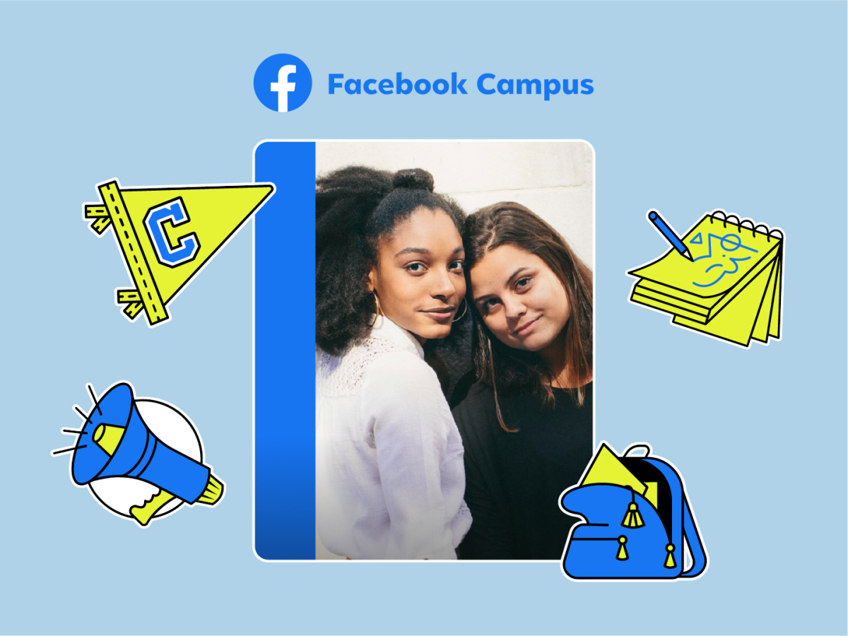 image of two college women surrounded by blue box and facebook campus written above them along with doodles of an open backpack notebook bullhorn and flag