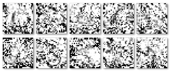 Ten images that look nonsensical but are the distilled versions of the MNIST dataset.