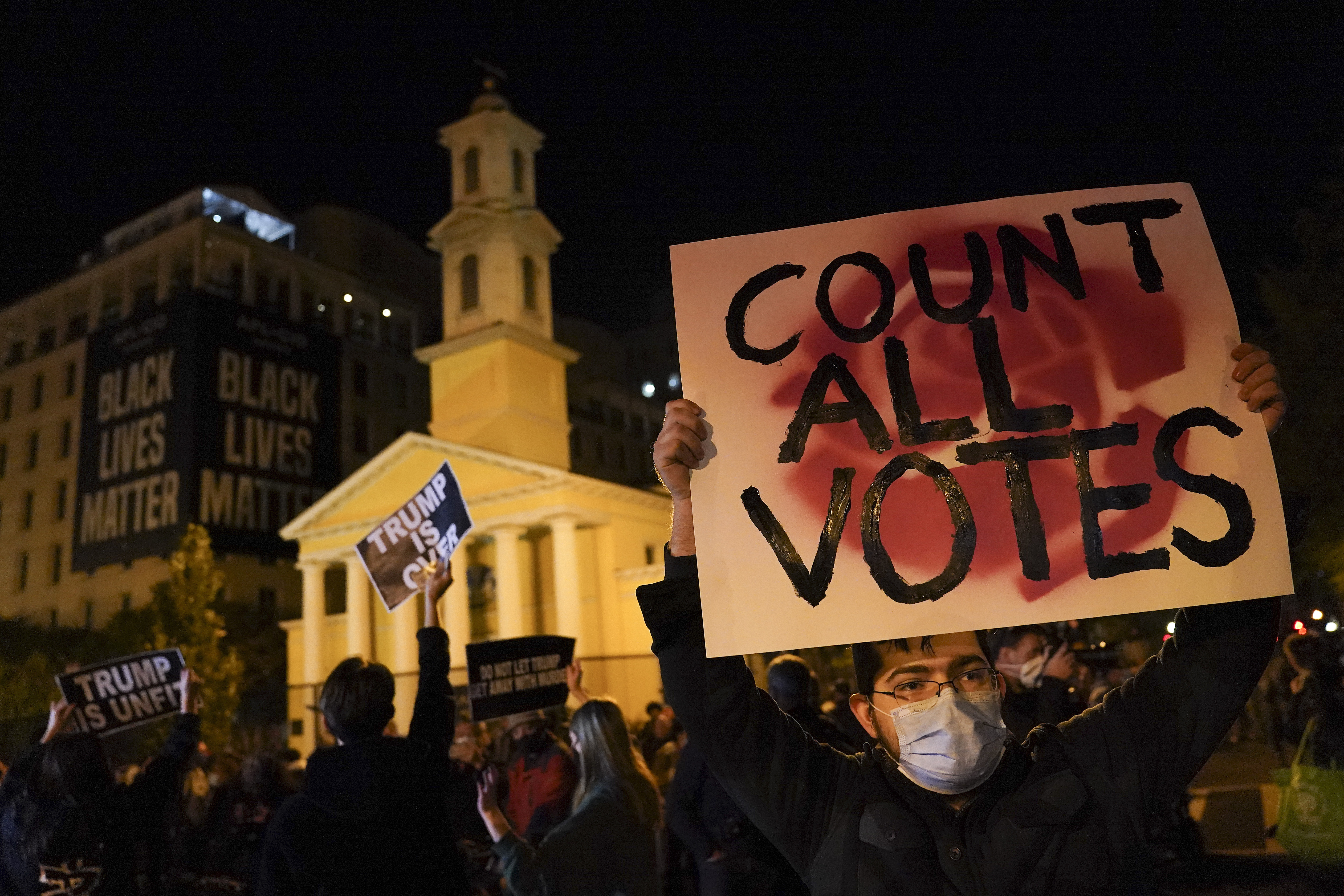 A demonstrator holds up a sign while waiting for election results at Black Lives Matter Plaza, Tuesday, Nov. 3, 2020, in Washington. (AP Photo/John Minchillo)