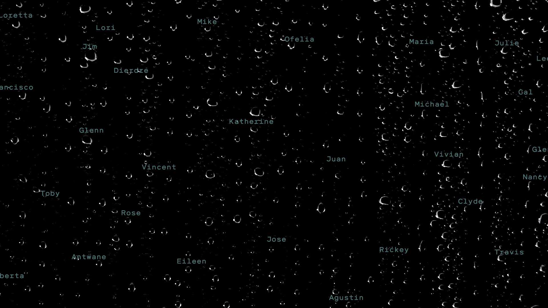 gif of raindrops falling on black window with names periodically apeparing from behind online coronavirus memorial