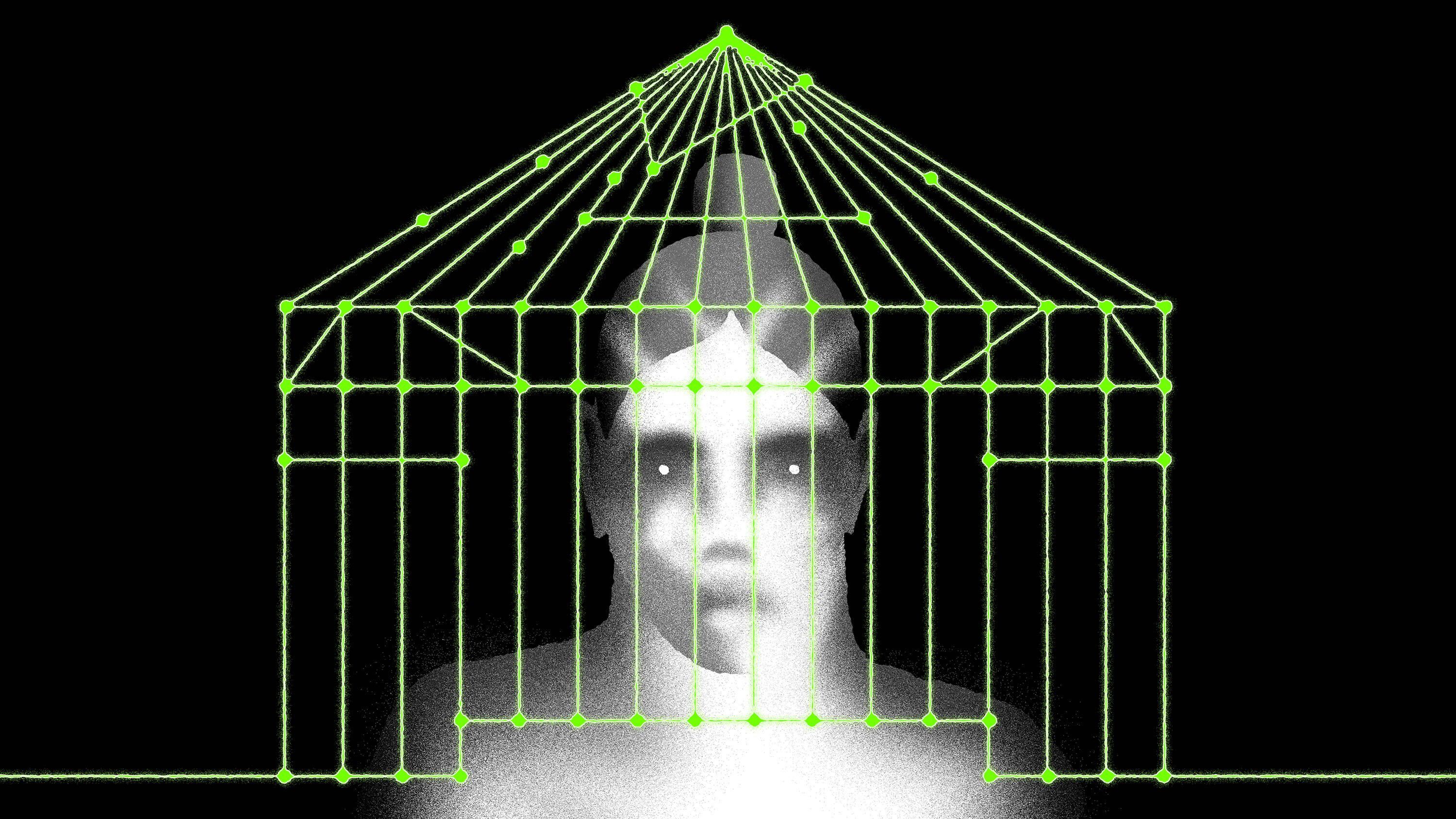 Illustration of a woman trapped in a web of algorithms that look like a jail cell.