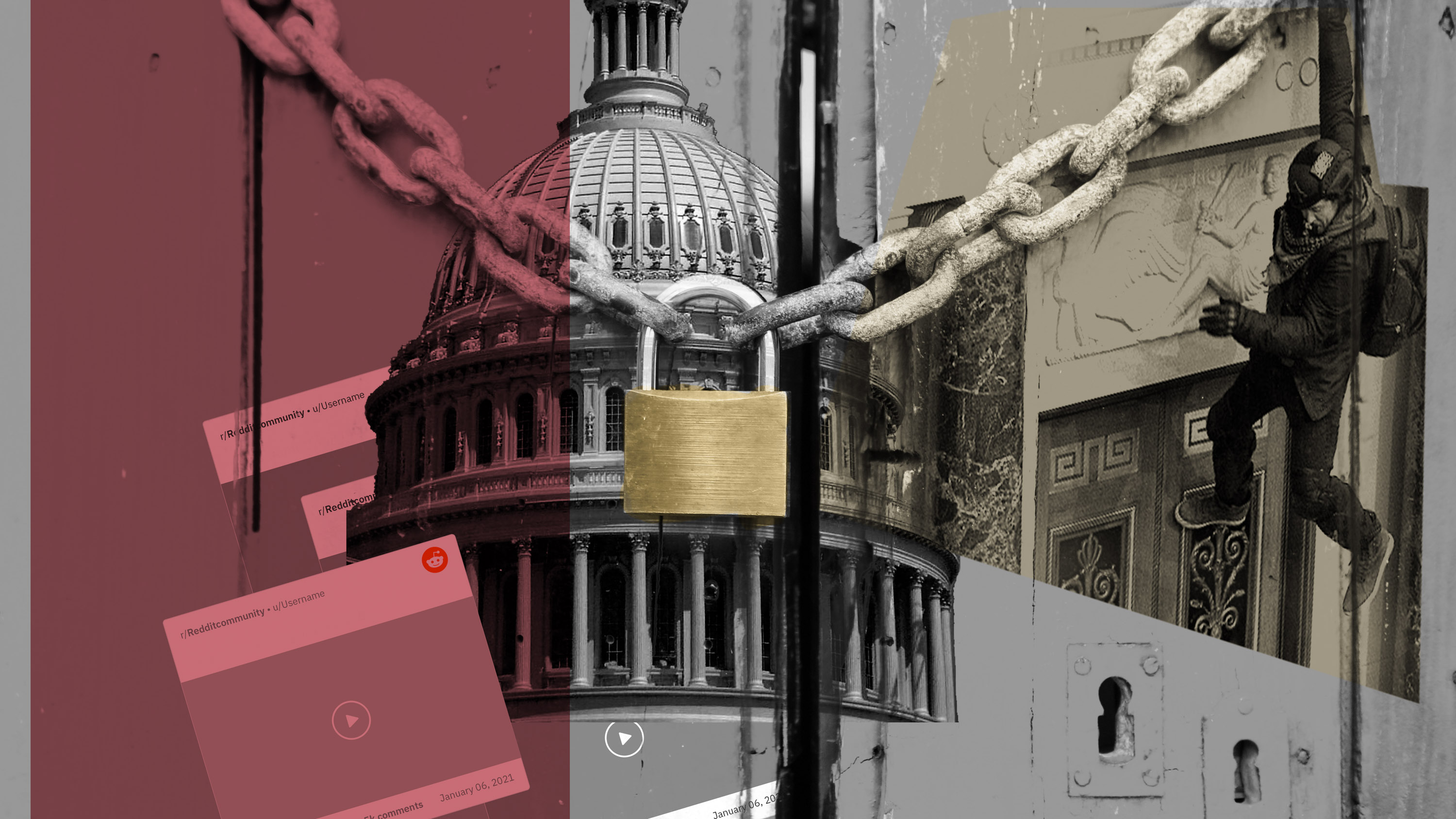 image showing capitol building in washington with images of mob and social media screen grabs over it with lock and chain overlaid on top