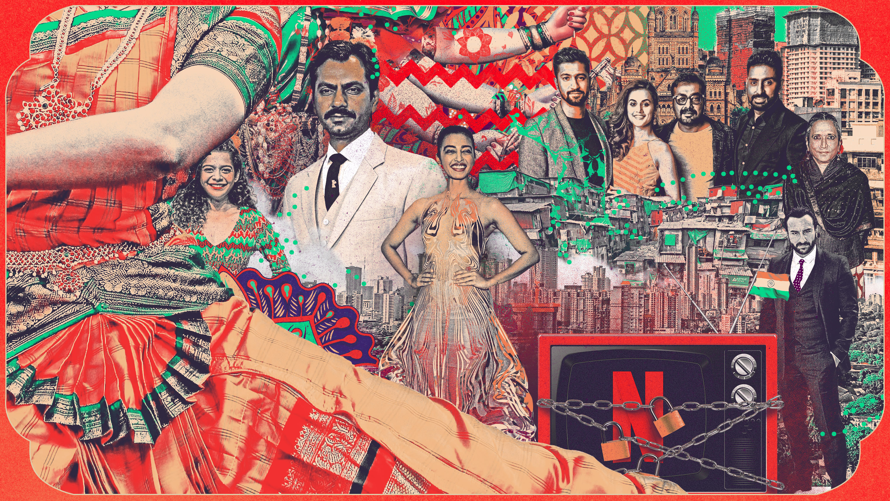 Conceptual collage illustrations depicting directors and actors from Netflix Indian TV series and movies