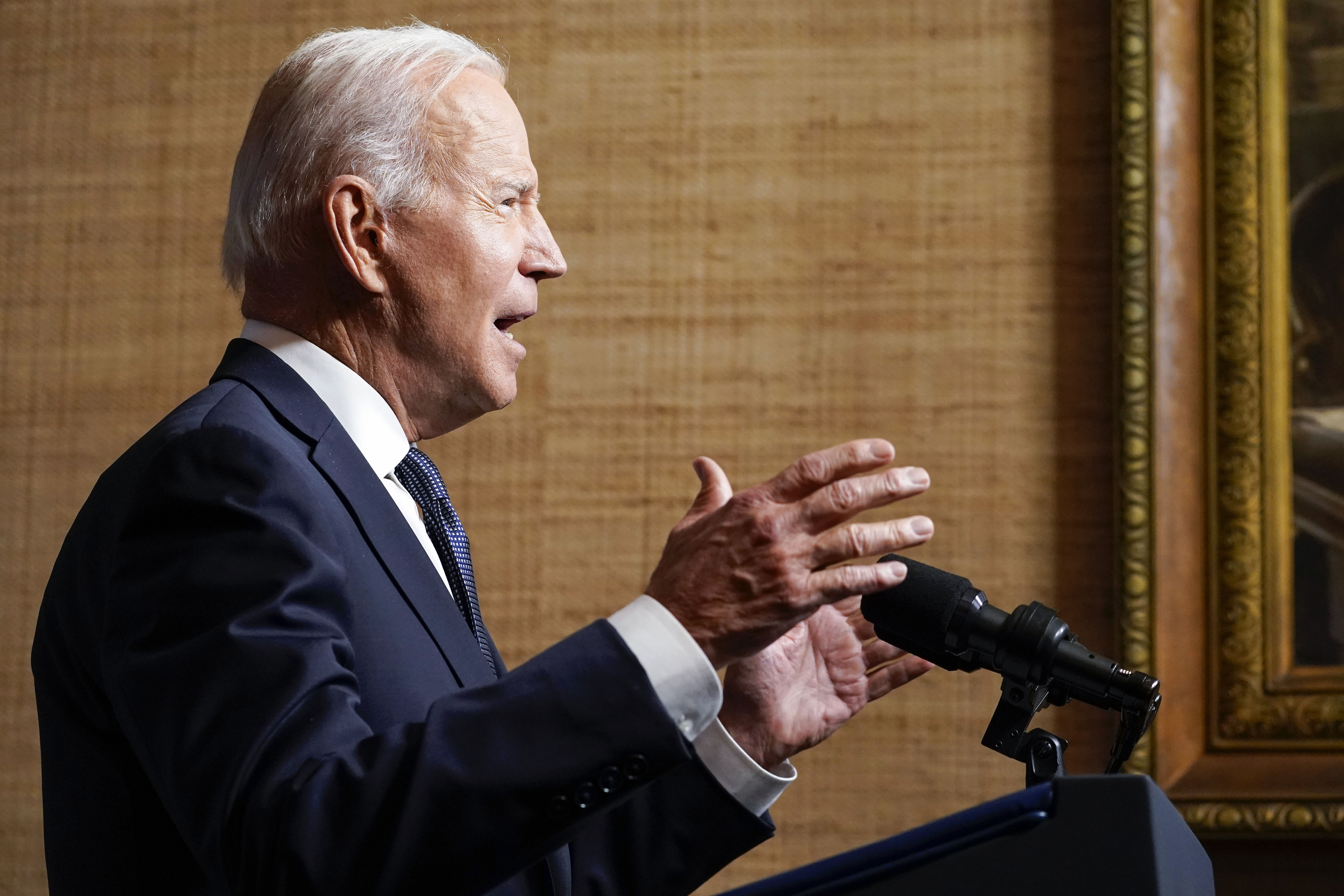 President Joe Biden speaks from the Treaty Room in the White House