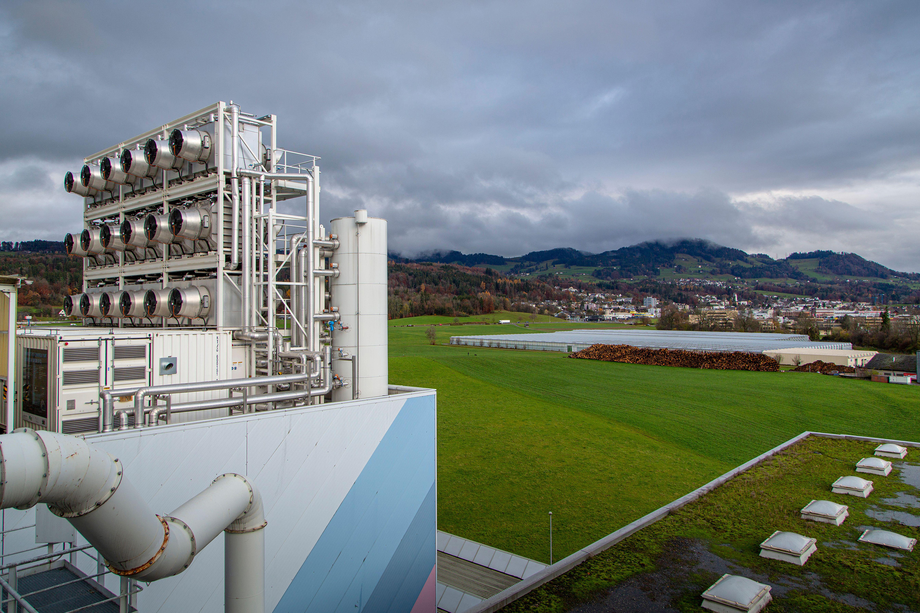 Climeworks are running 30 DAC - Direct Air Capture - fans on the roof of this garbage incinerator in Hinwil