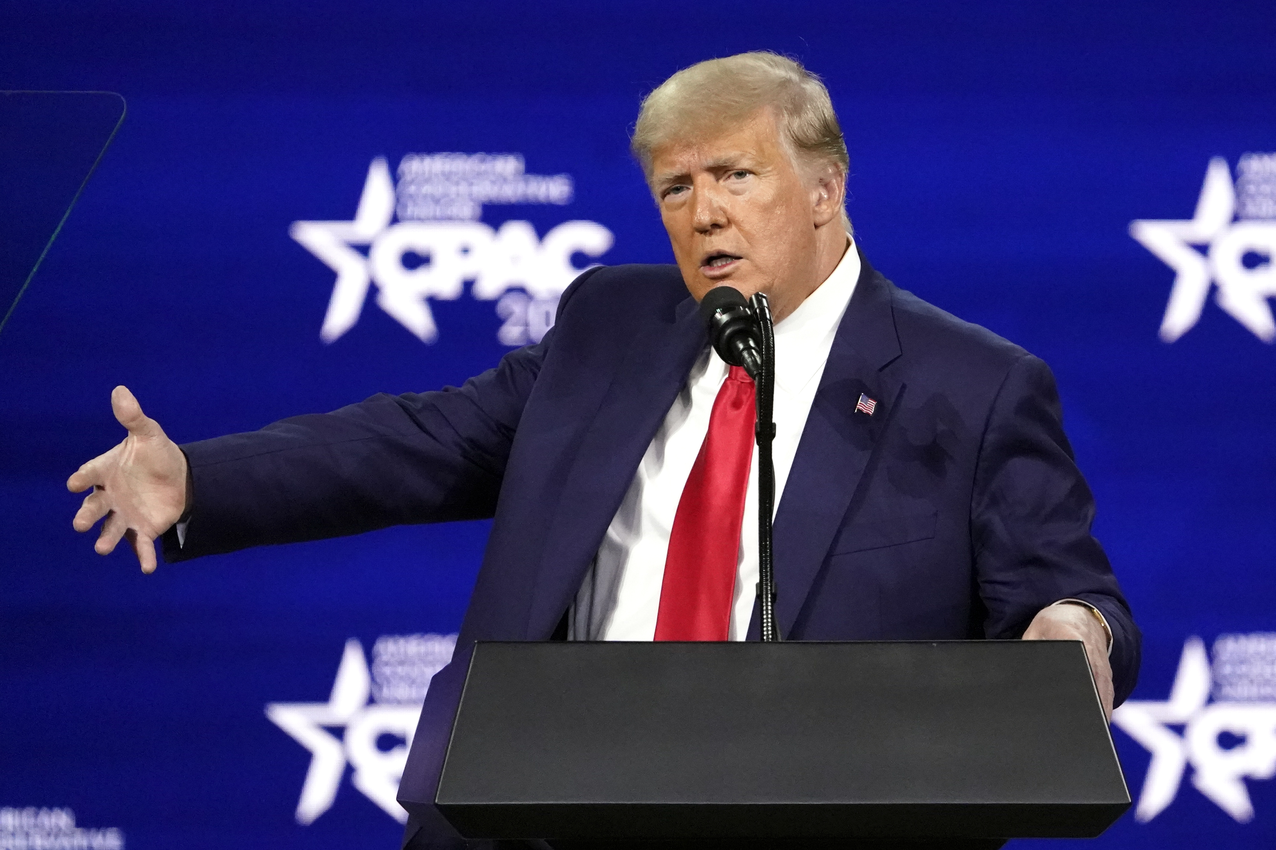 Former president Donald Trump speaks at the Conservative Political Action Conference (CPAC) Sunday, Feb. 28, 2021, in Orlando, Fla