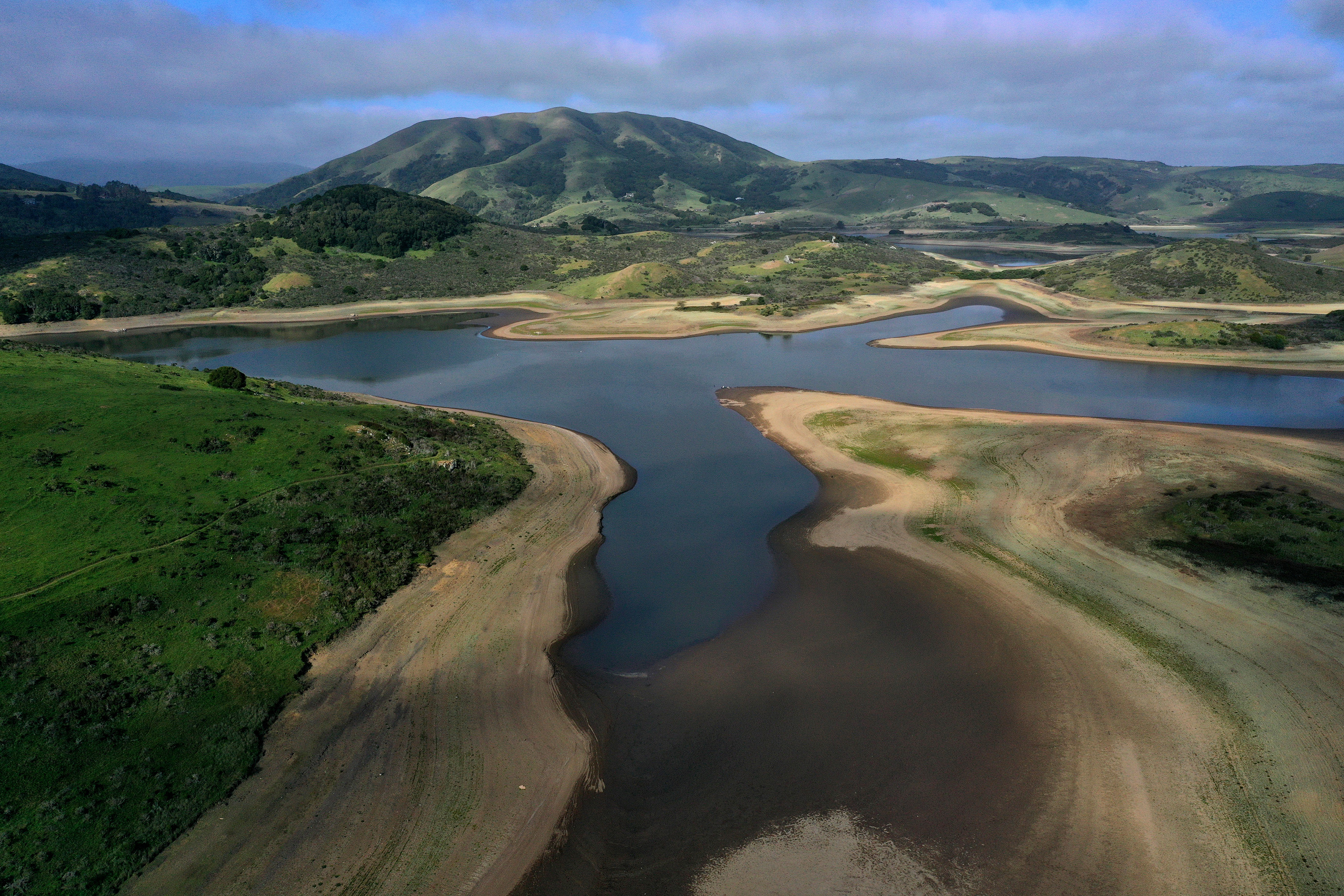 low water levels are visible at Nicasio Reservoir