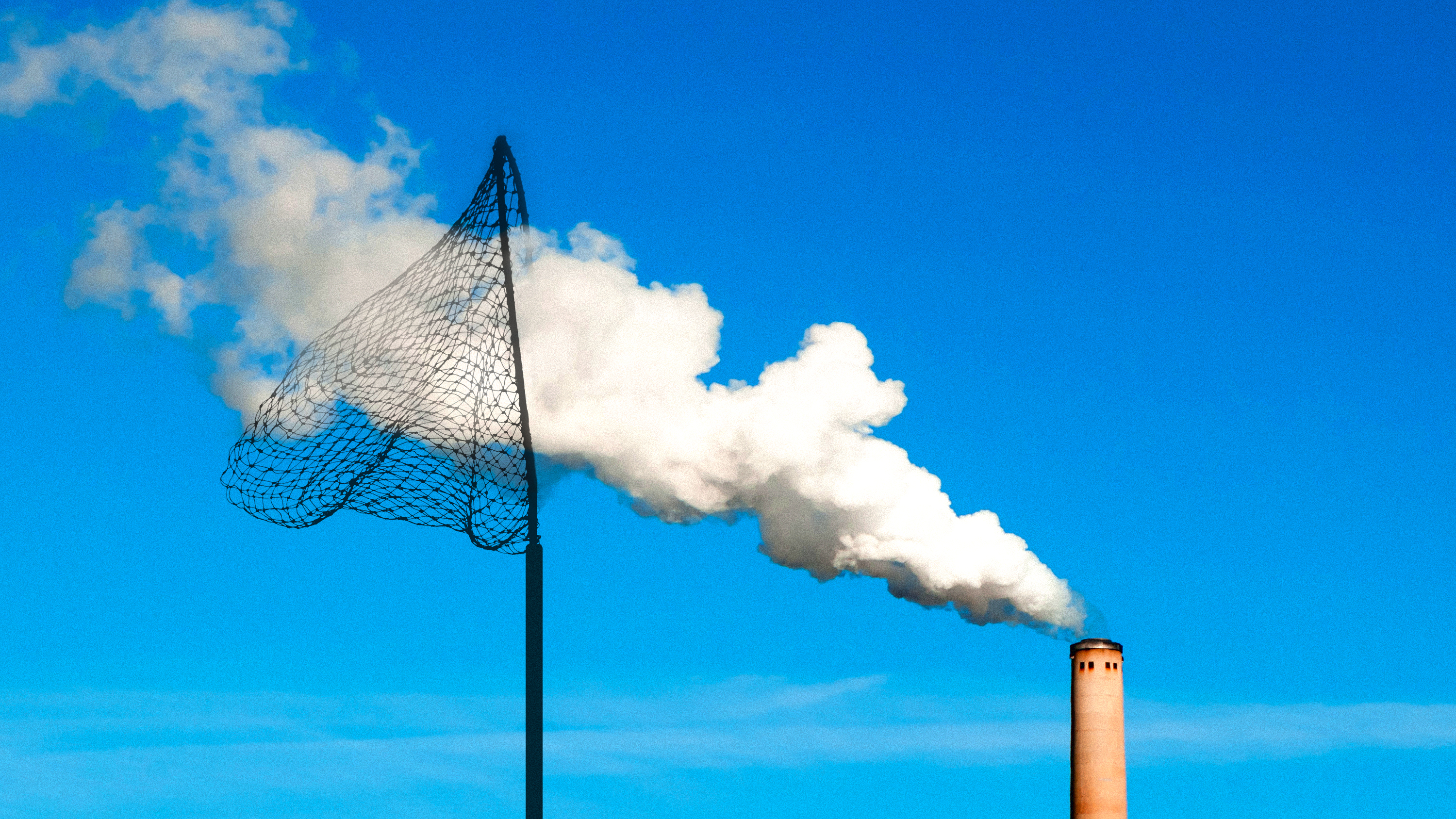 conceptual image showing a smoke stack blowing smoke into a large butterfly net
