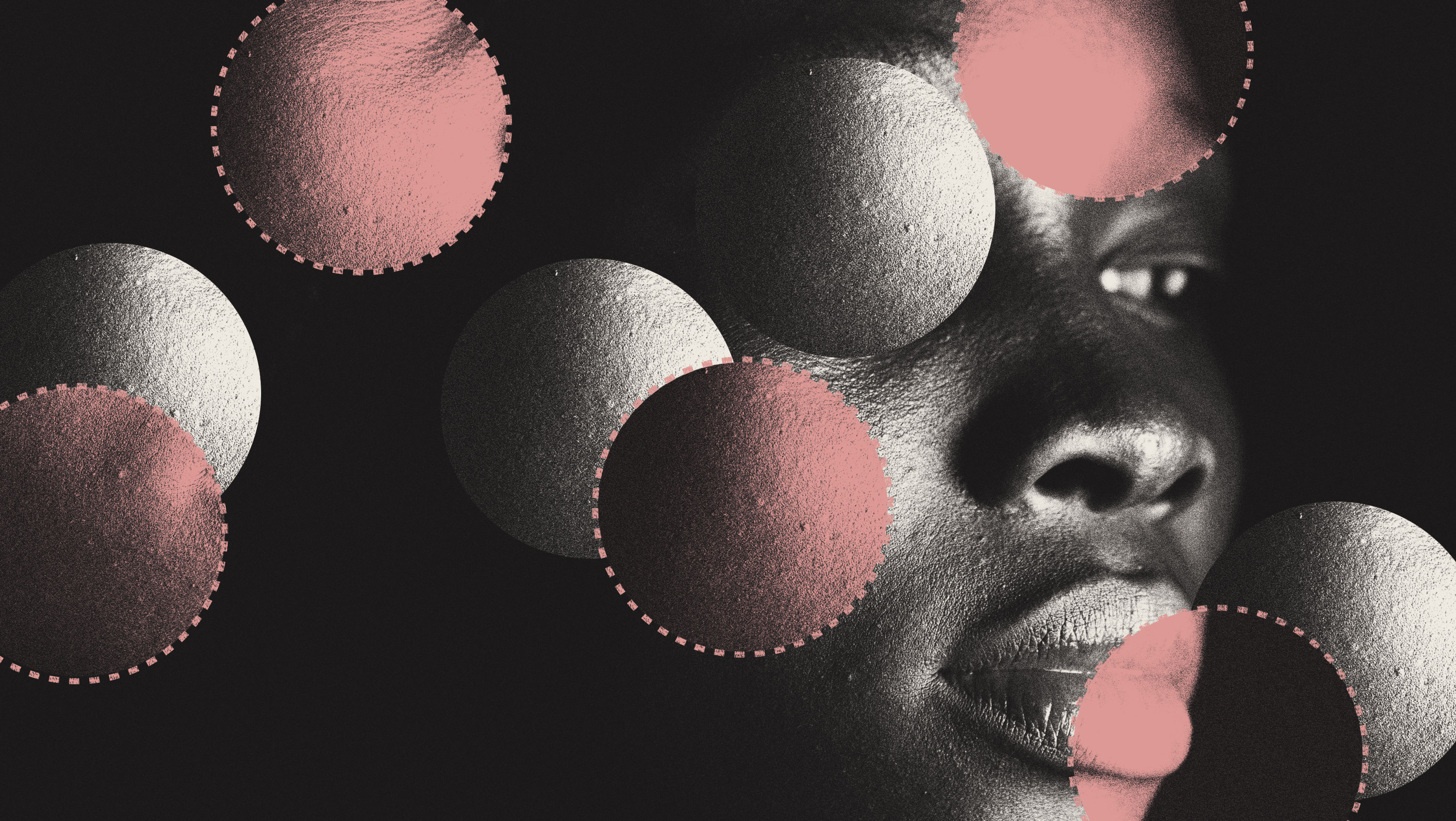 Conceptual illustration of a young black woman&#039;s face with circles that zoom in on certain features, image is black and white with pink highlights