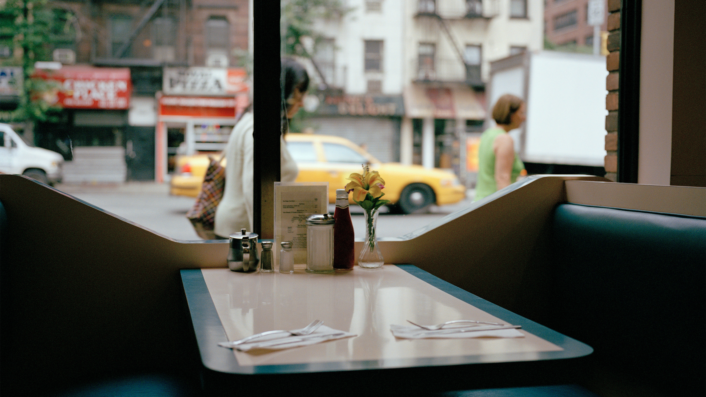 An empty booth in an NYC diner