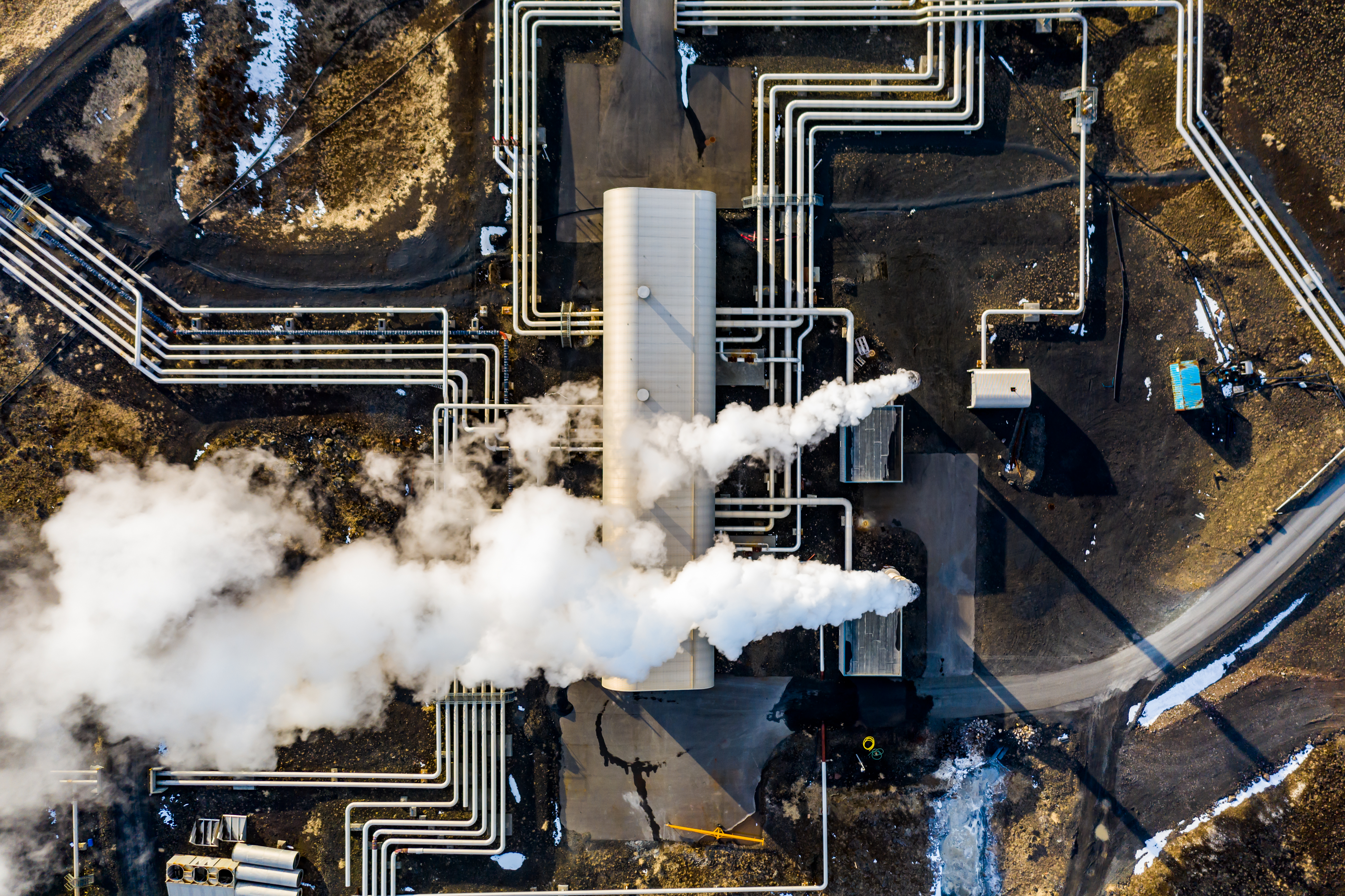 Photograph of Geothermal power plant located at Reykjanes peninsula in Iceland. Aerial view