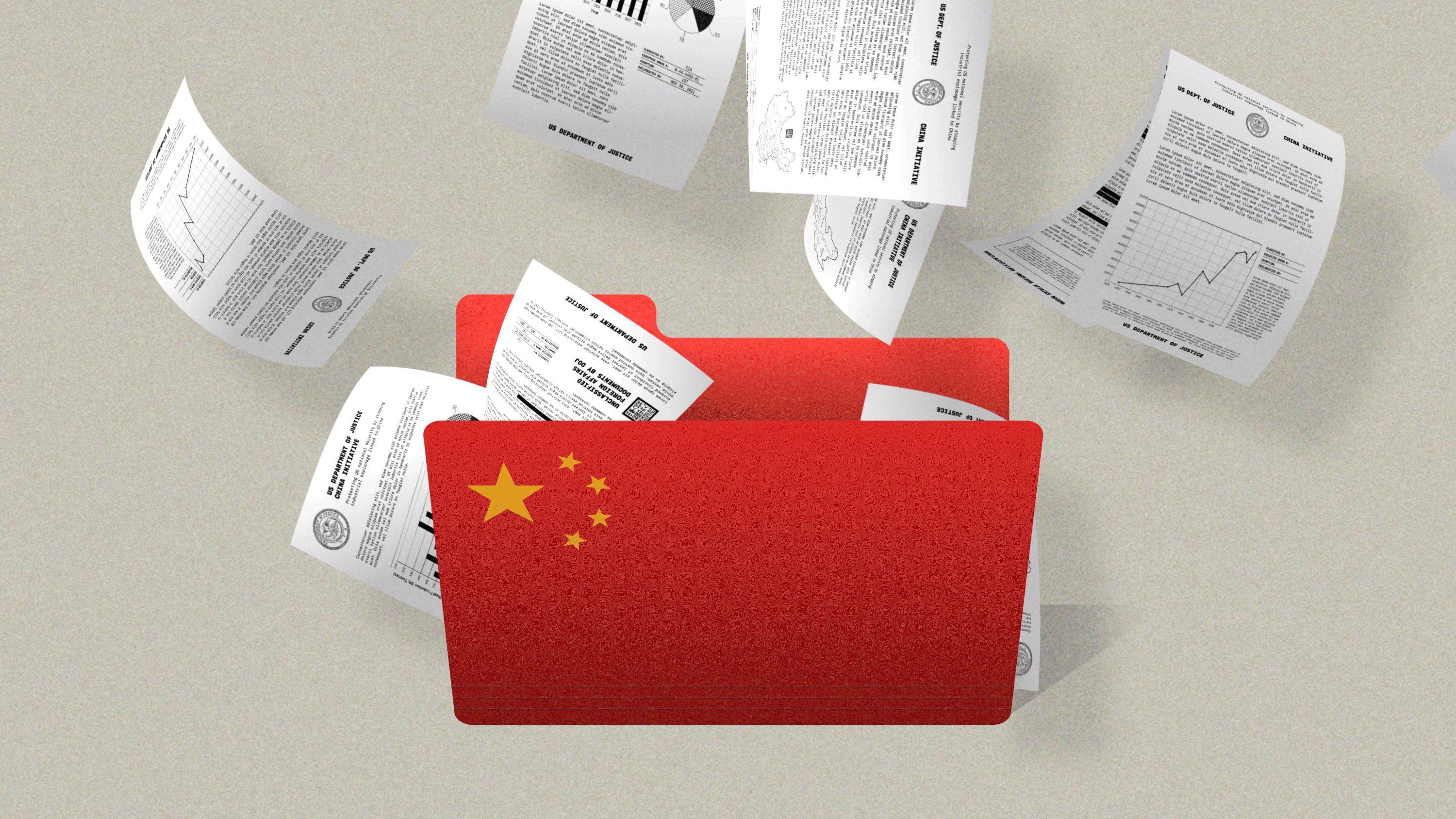Conceptual illustration showing a file folder with the China flag and various papers flying out of it