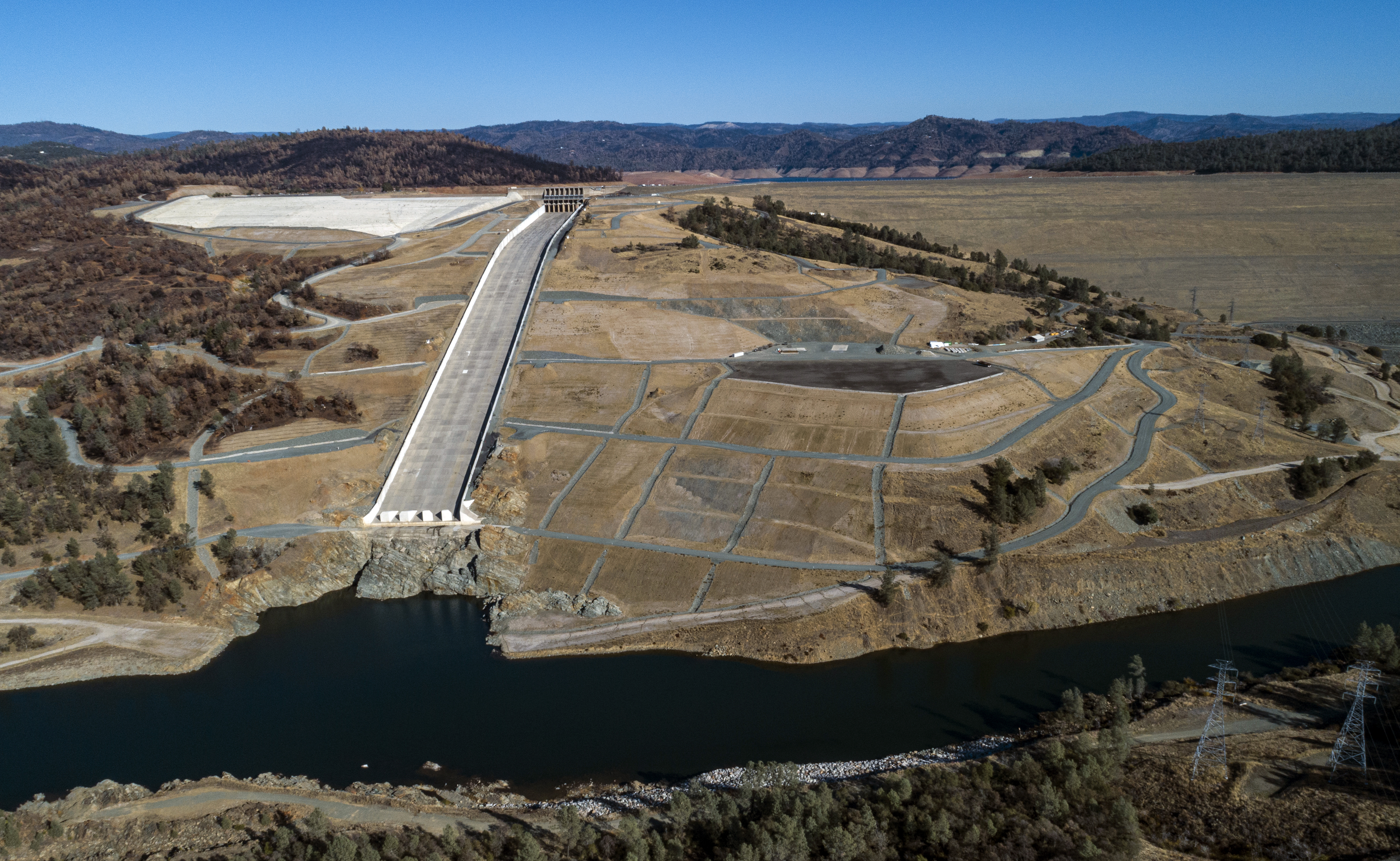 An aerial view of the Oroville Main Spillway and the Lake Oroville Emergency Spillway in Butte County, California