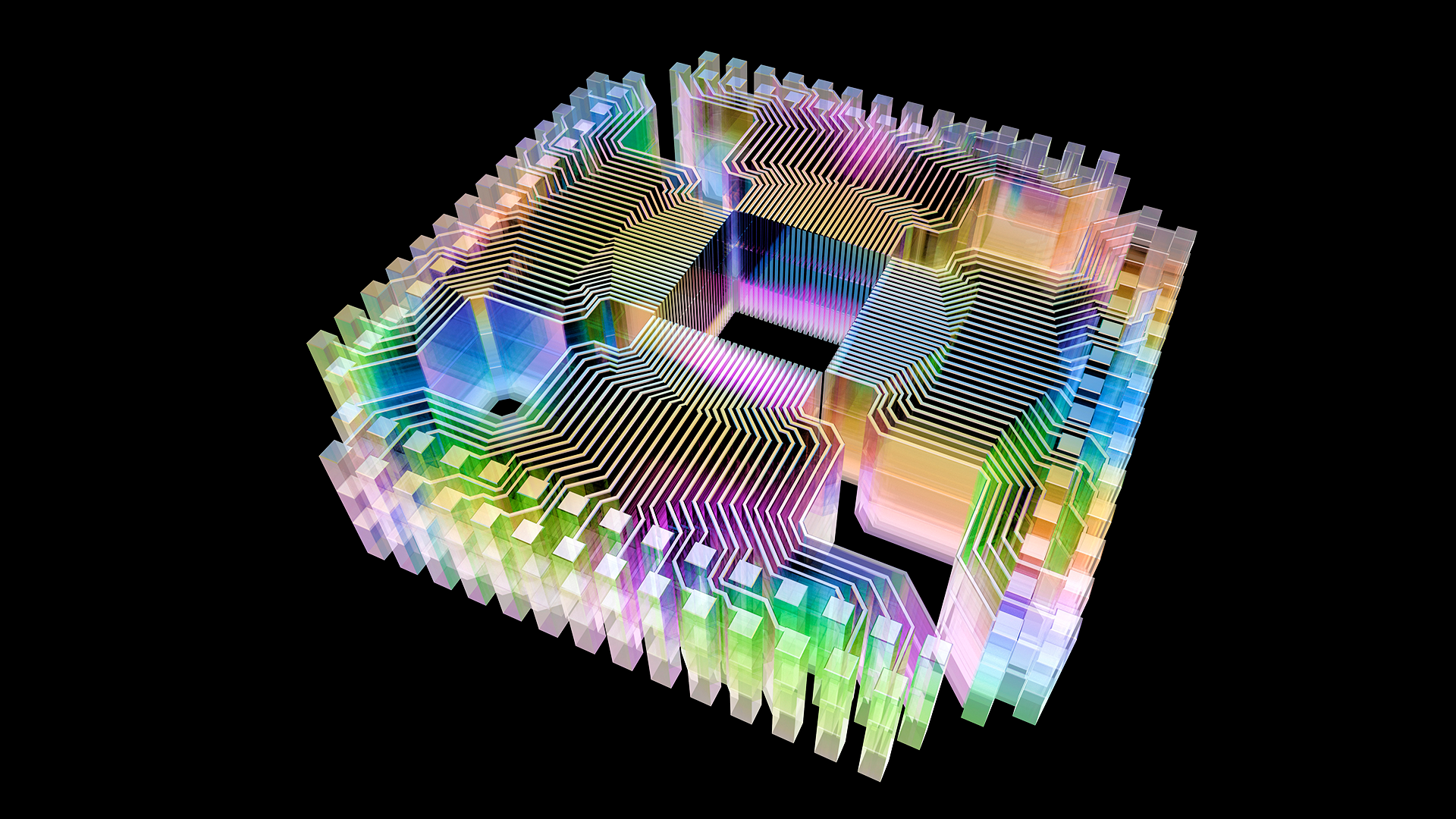Conceptual illustration of quantum computing circuity, in multiple colors