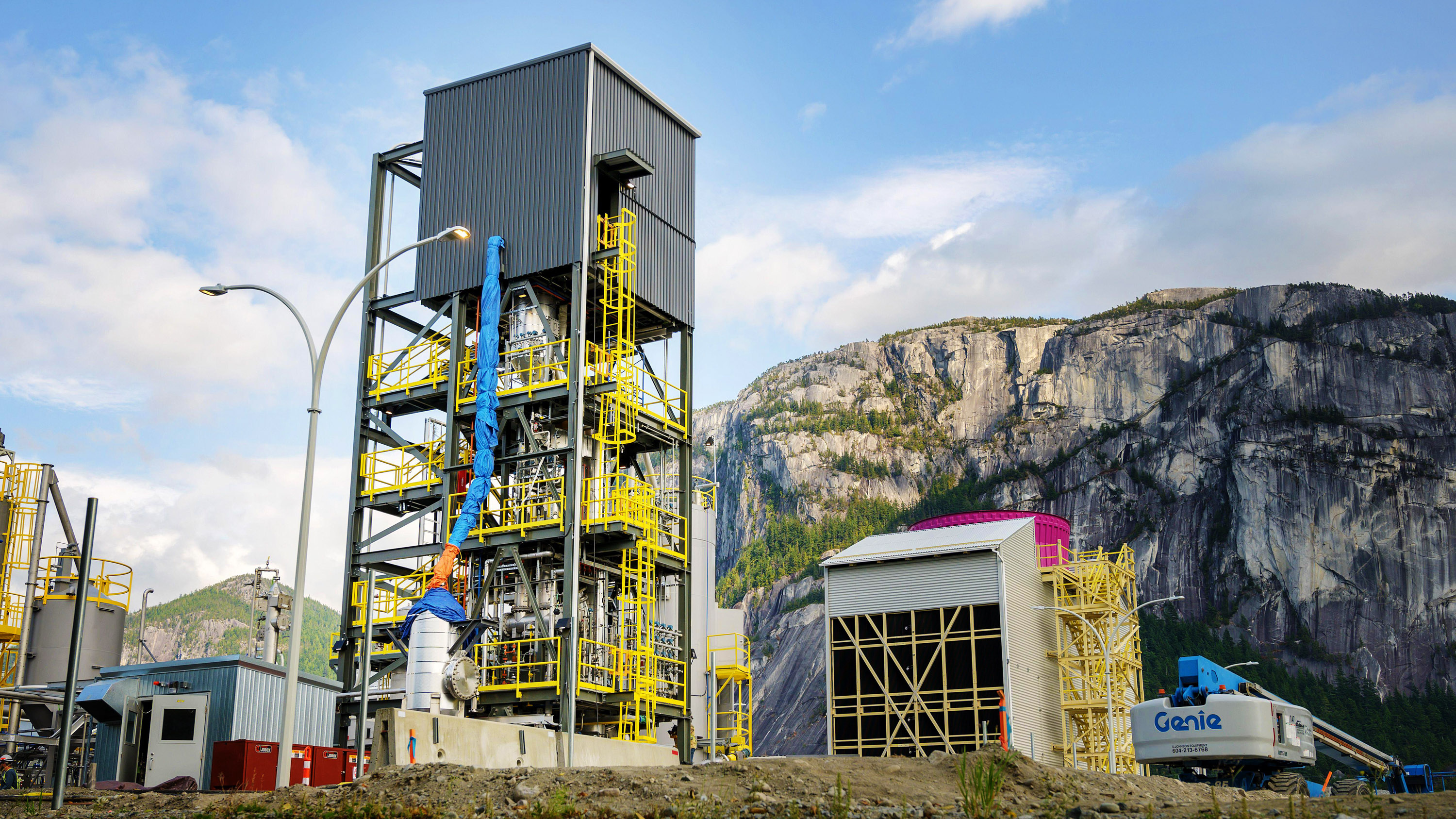 The Carbon Engineering Direct Air Capture (DAC) carbon capture plant with the Squamish Chief mountain in the background.
