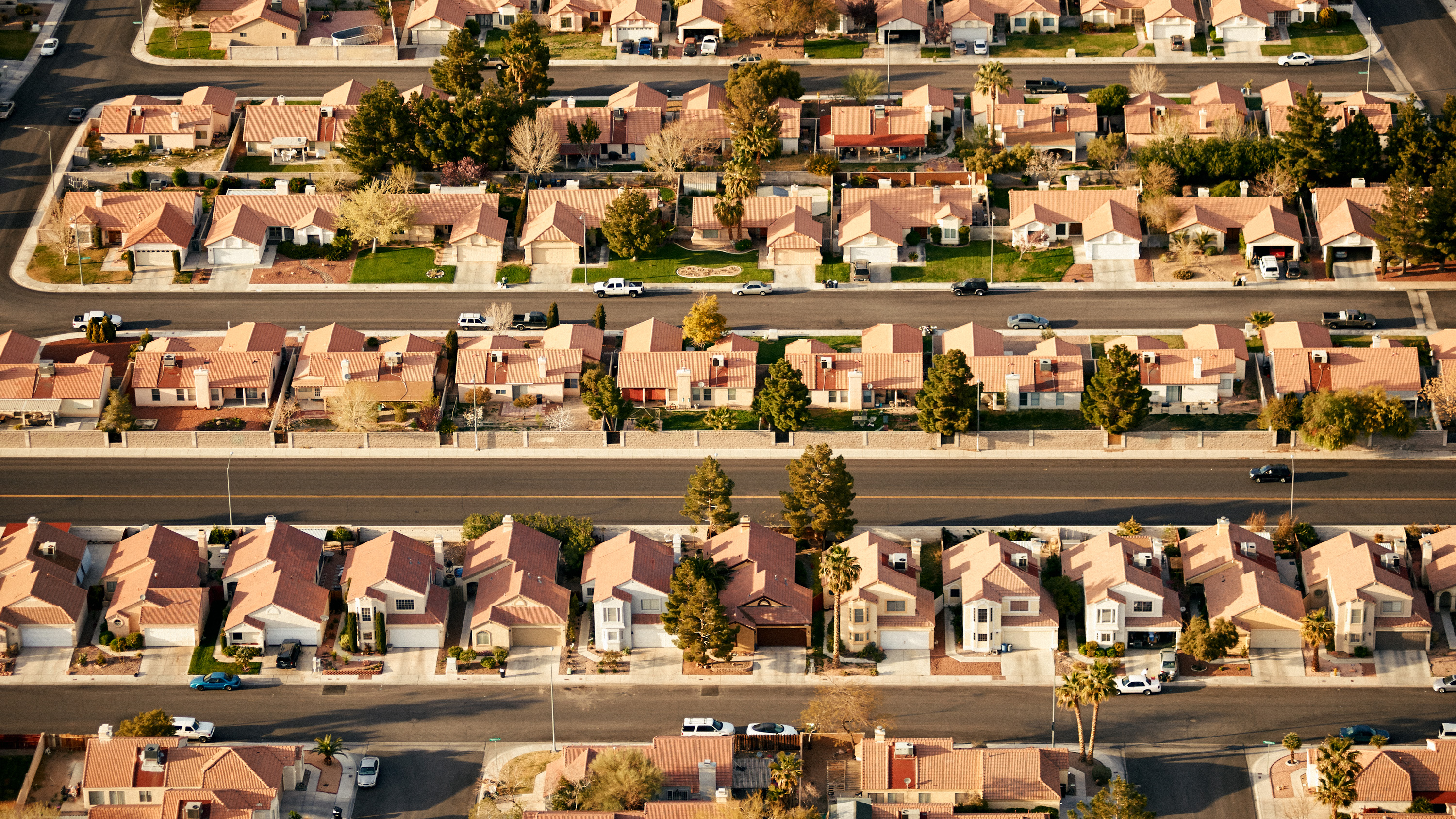 Aerial of suburban housing and desert in North Los Vegas.