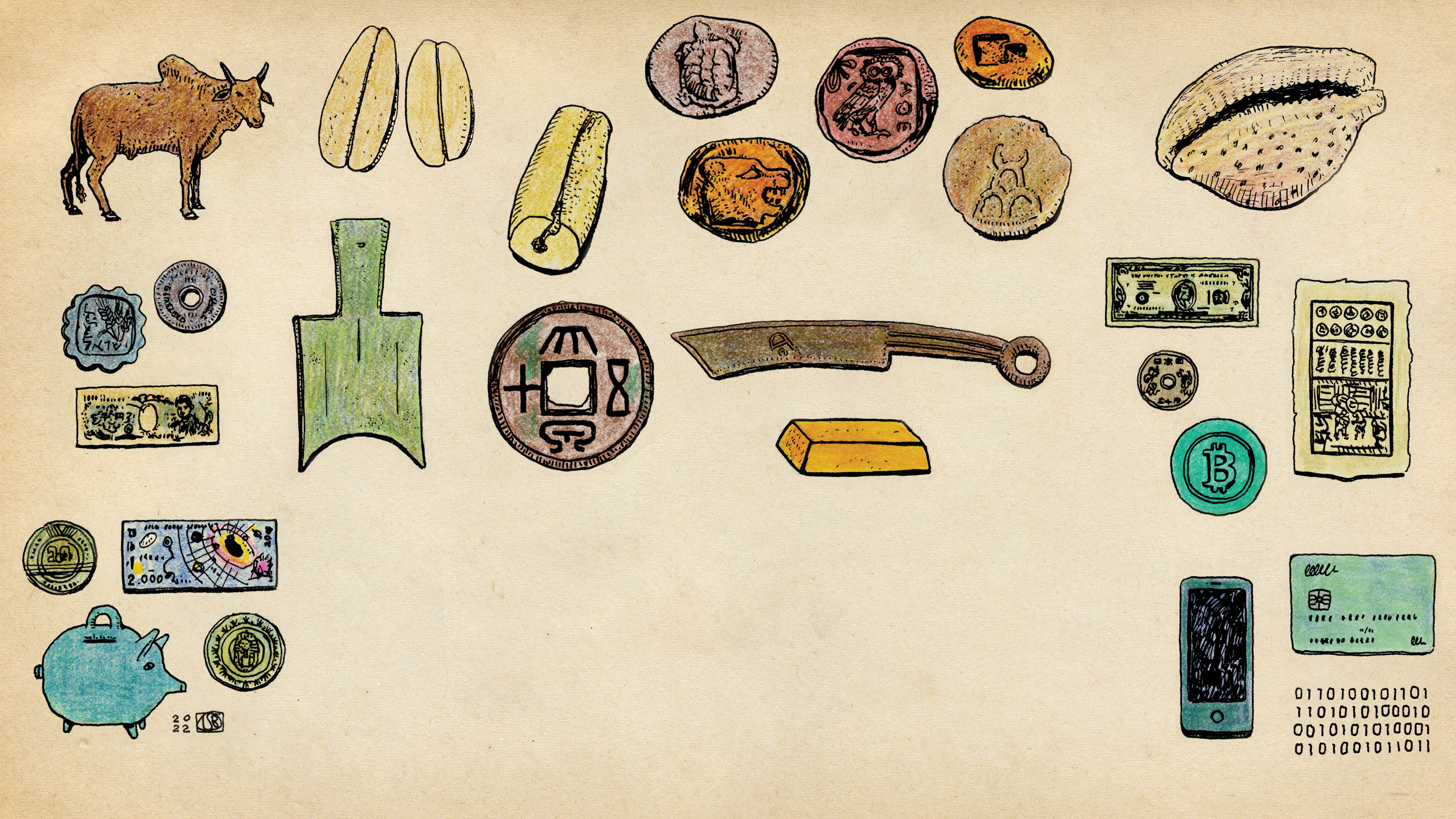 illustration showing various types of ancient and modern legal tender
