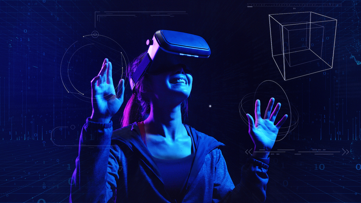 stock art of a woman wearing vr goggles