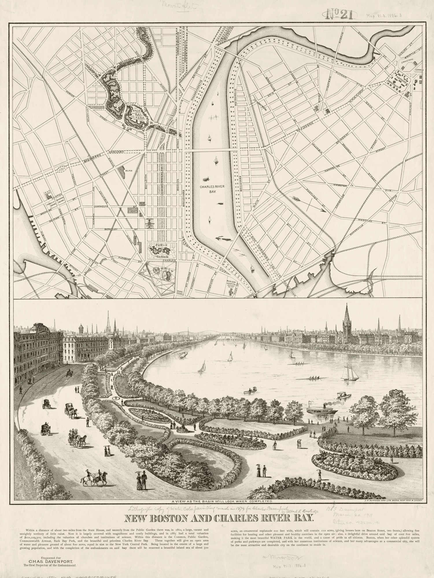 map and illustration of "New Boston and Charles River Bay"
