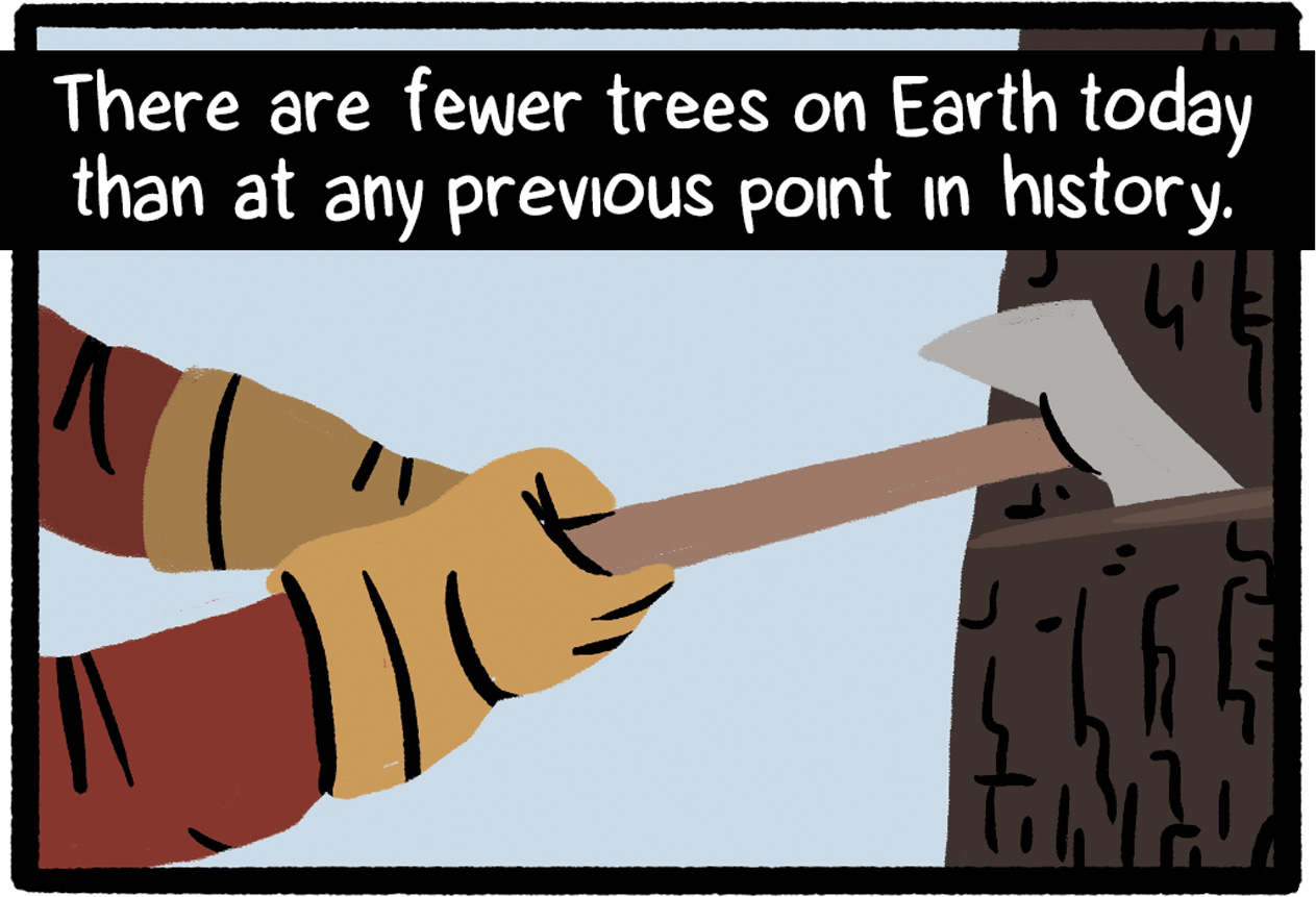 An axe chopping tree with text: There are fewer trees on earth today than any previous point in history.