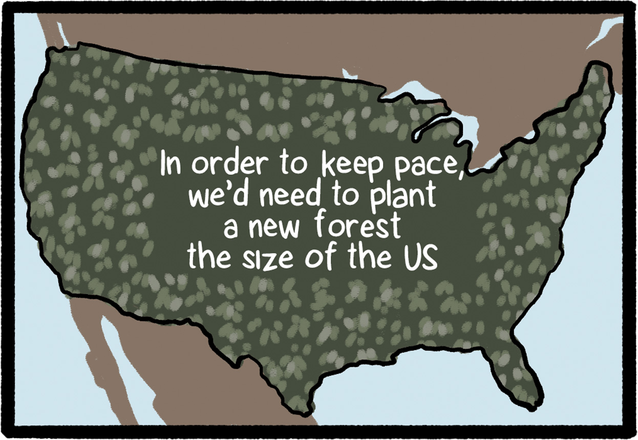 stylized map of the United states with text: In order to keep pace, we'd need to plant a new forest the size of the U-S