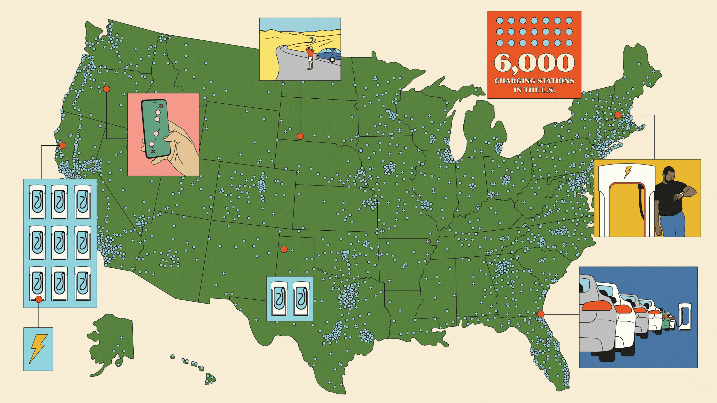 illustarted map of US charging stations