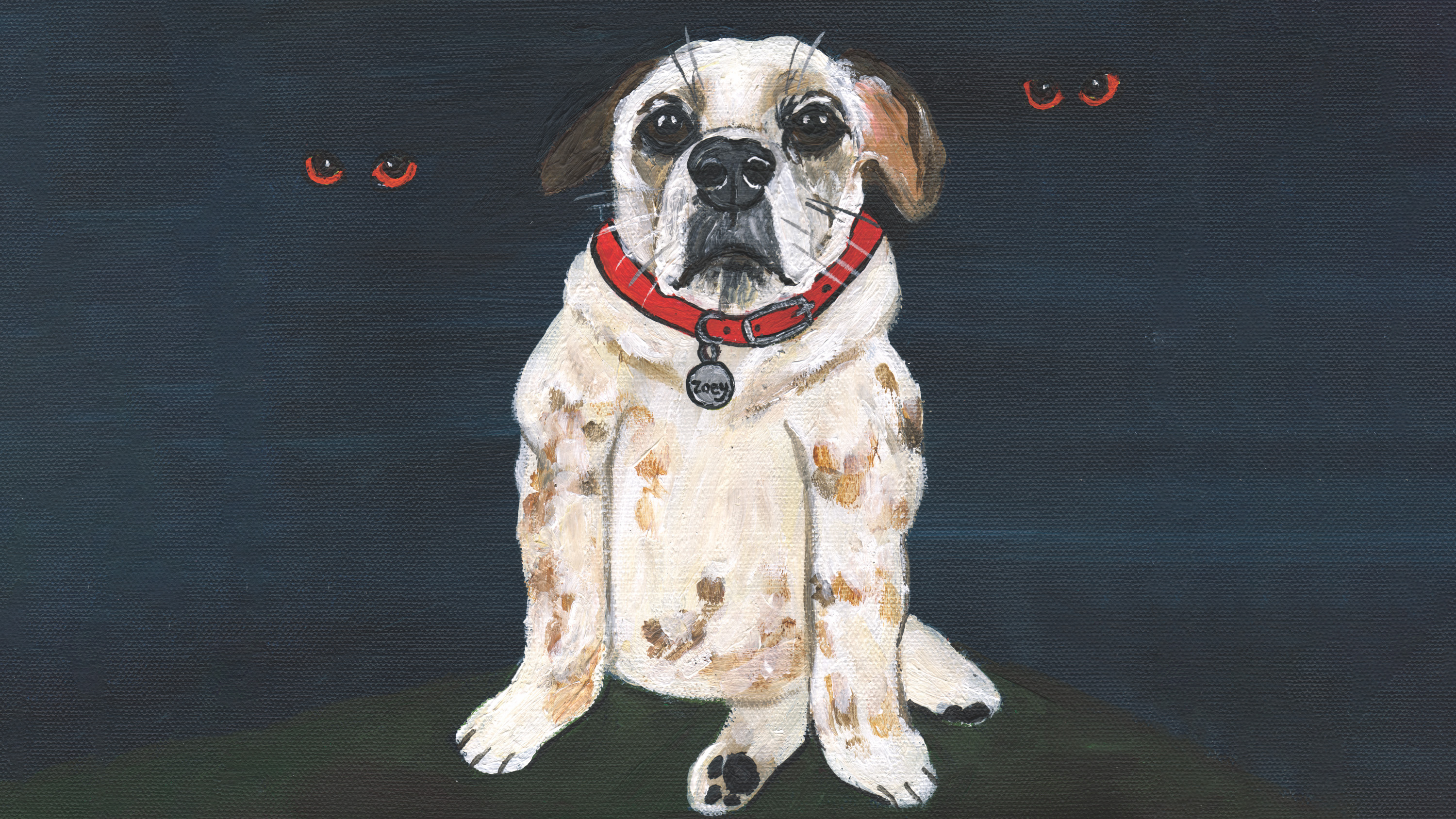 painting of dog with eyes in the darkness behind