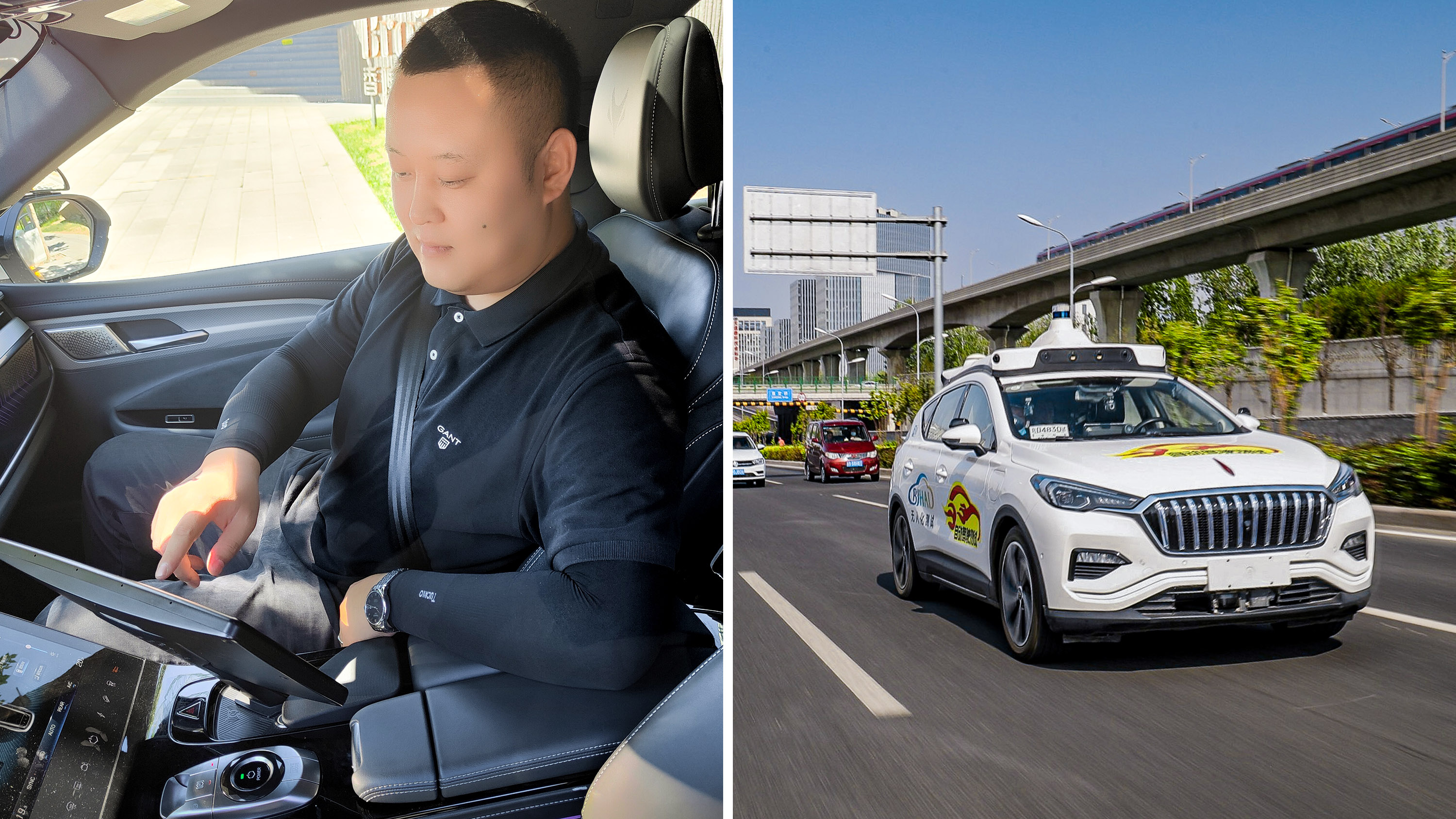 Baidu-Arbeiter (links) und autonomes Fahrzeug, das auf der Autobahn fährt (rechts)