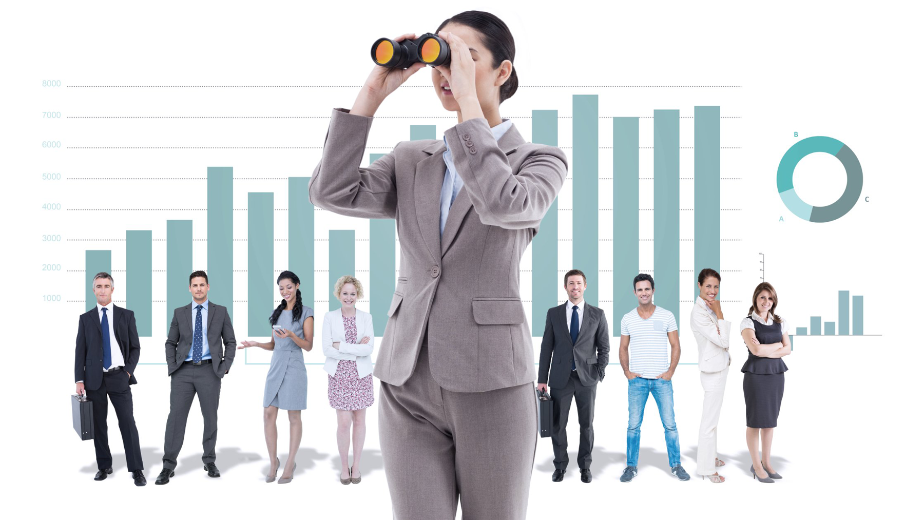 Stock image Brown haired businesswoman looking through binoculars with business interface with graphs and data