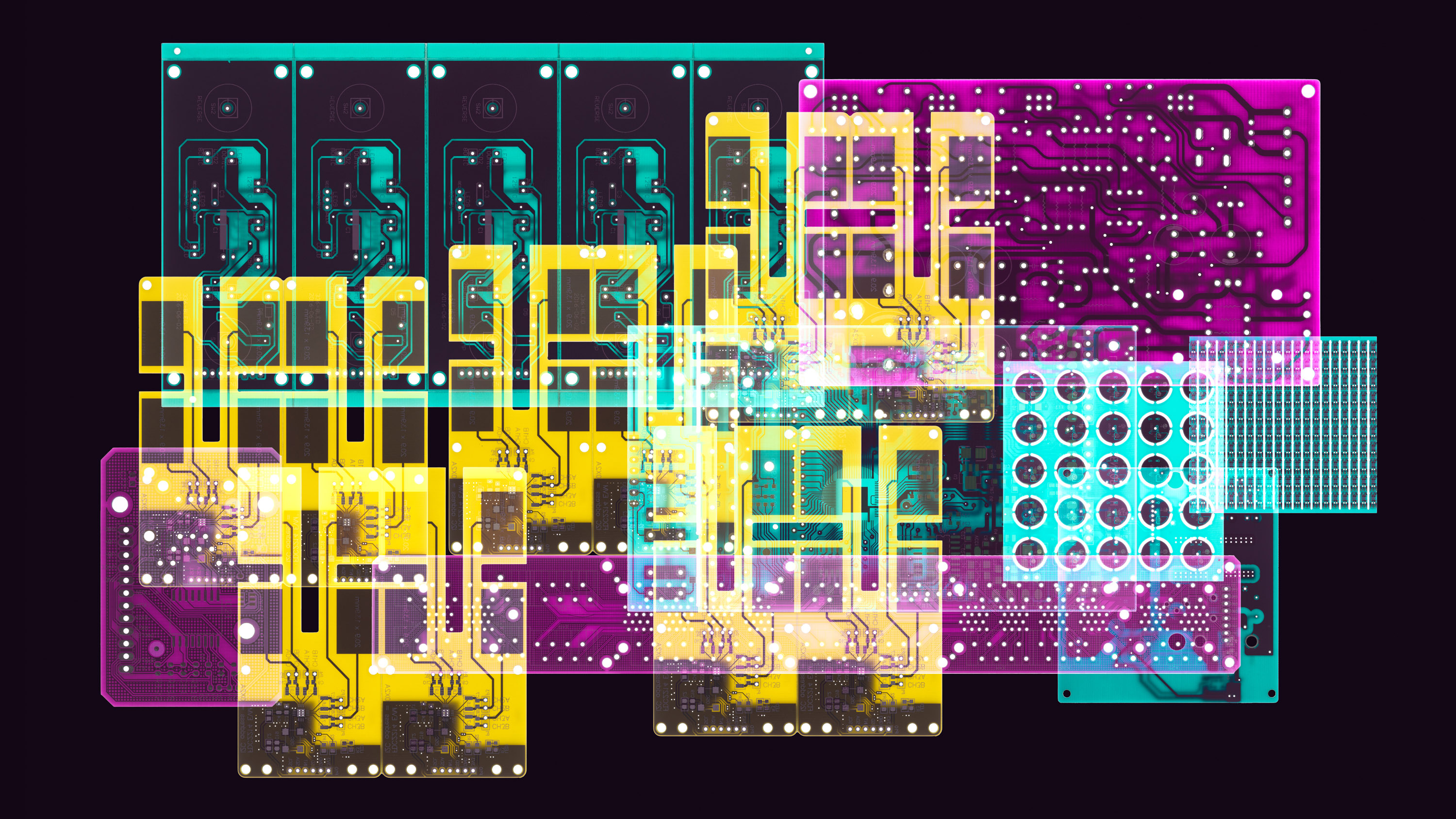 Multi Colored Printed Circuit Boards Multiple Exposure View.