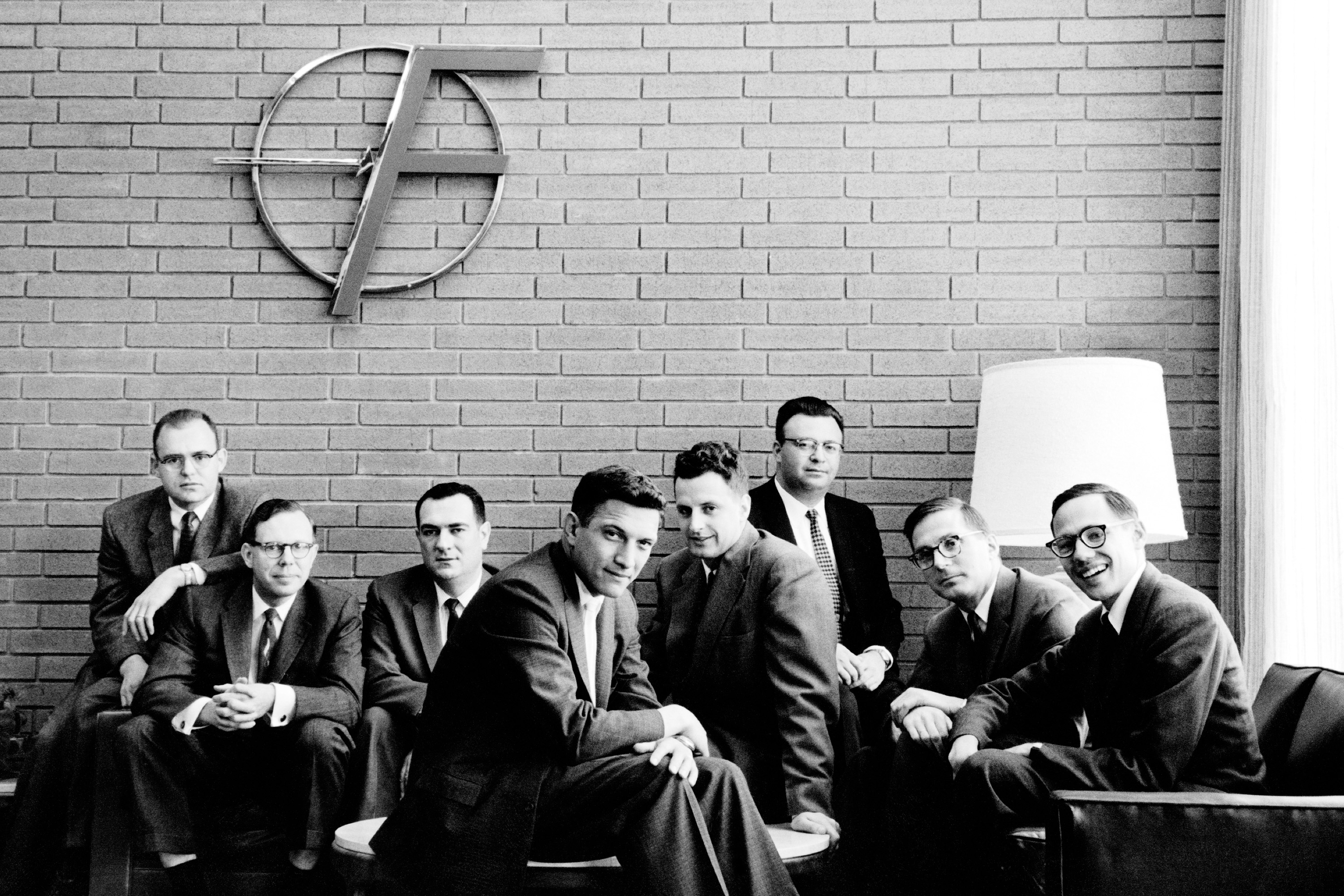Left to right: Gordon Moore, C. Sheldon Roberts, Eugene Kleiner, Robert Noyce, Victor Greenich, Julius Blank, Gene Herni, Jay Last.