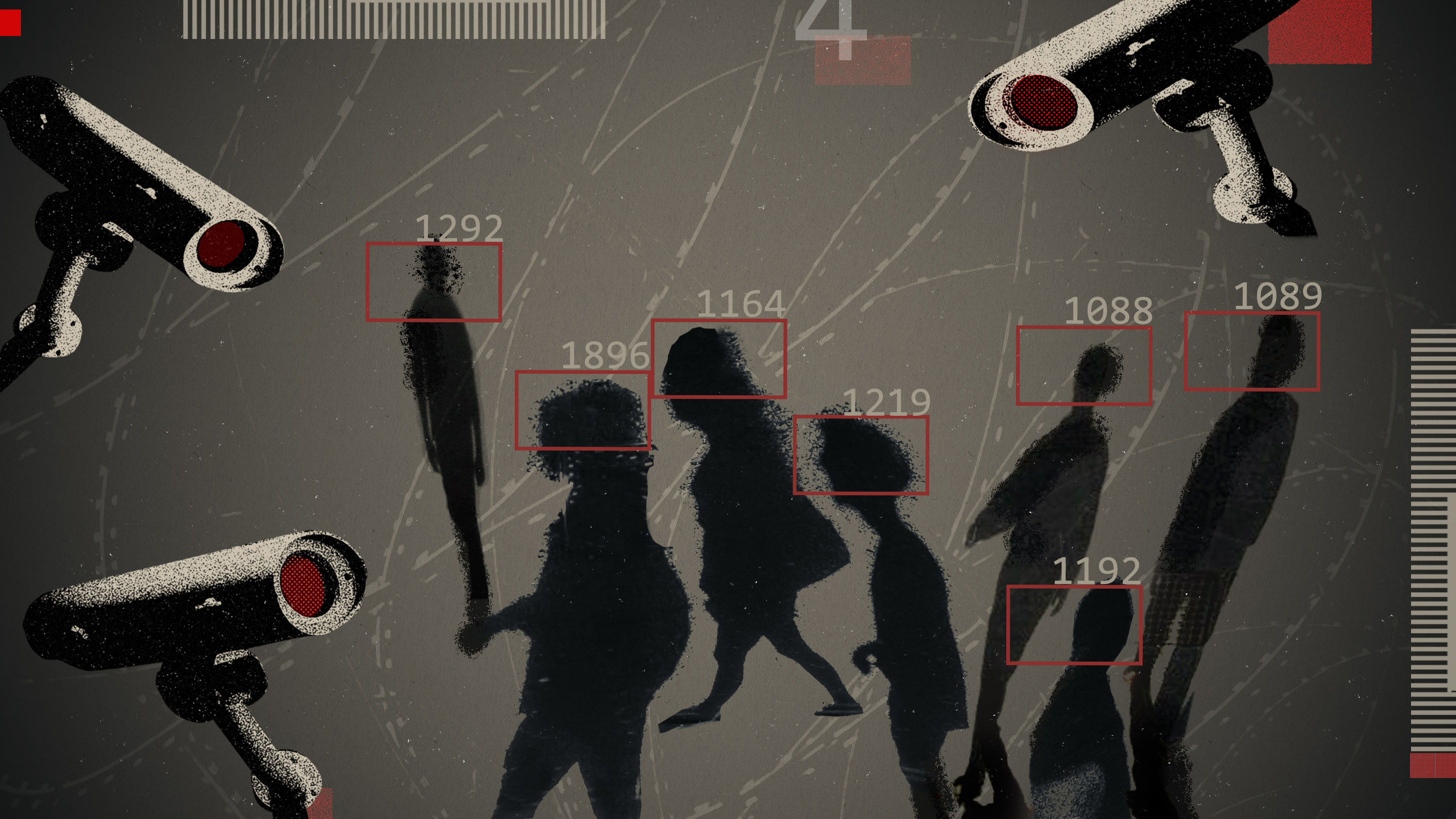 illustration of cameras surrounding a group of shadow figures denoted with facial recognition markers on a background of razor wire