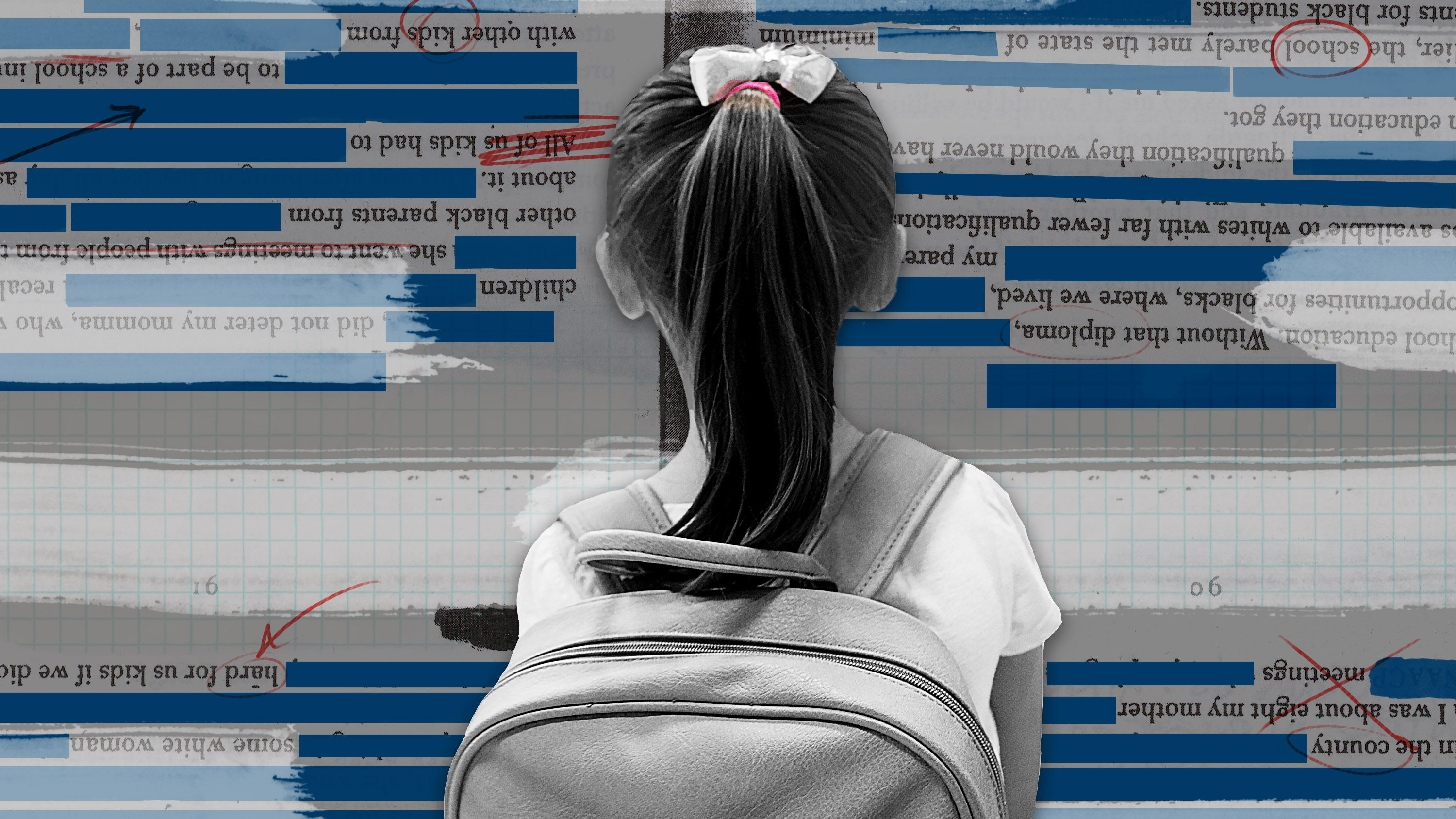little girl with her schoolbag facing pages redacted in facebook blue