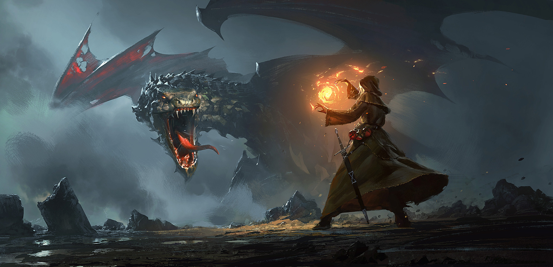 wizard with sword confronts a dragon