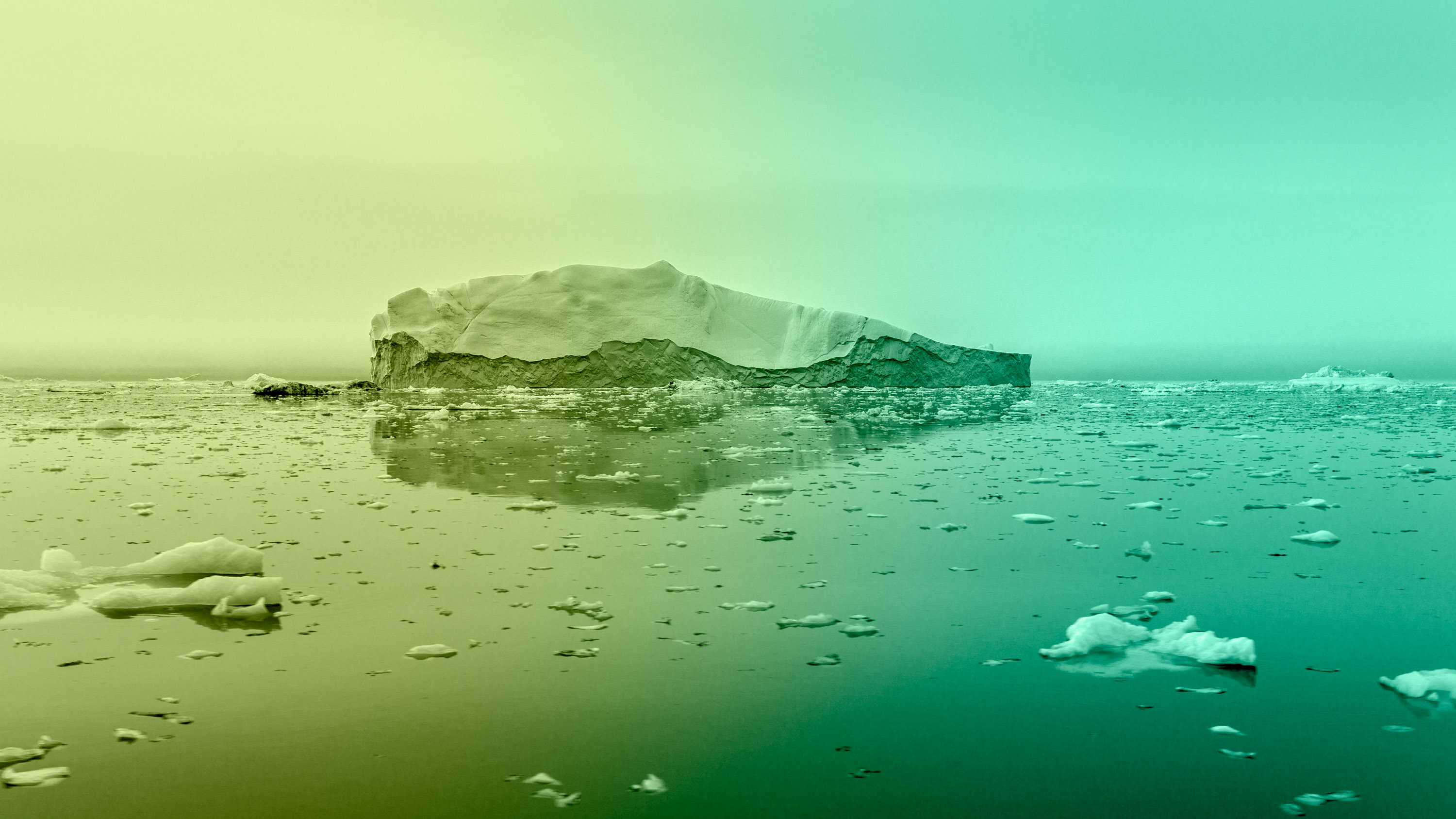 iceberg surrounded by smaller melted pieces with yellow-green gradient