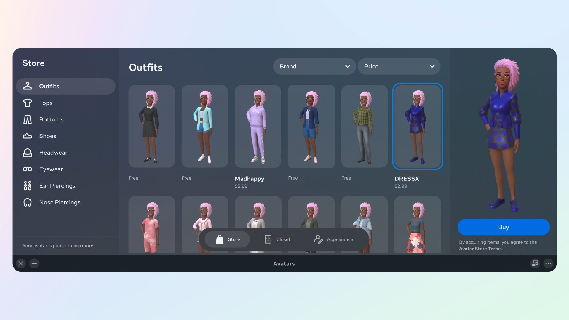 Screenshot of avatar buying full length outfits for the metaverse
