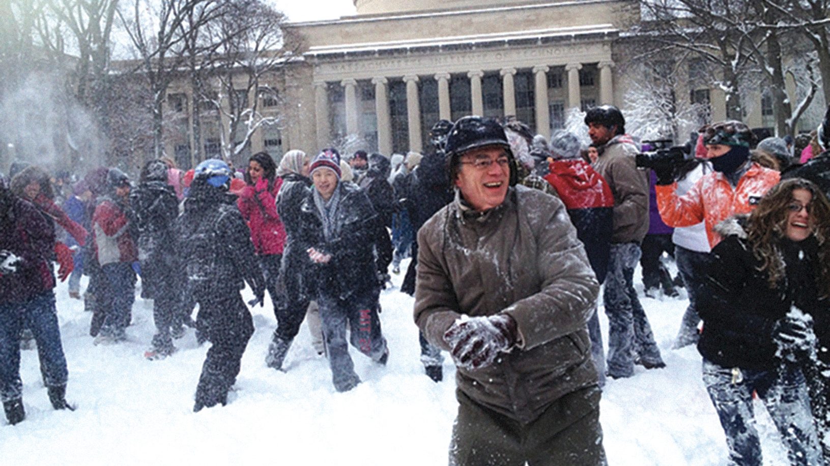 Reif about to throw a snowball in a campus snowball fight