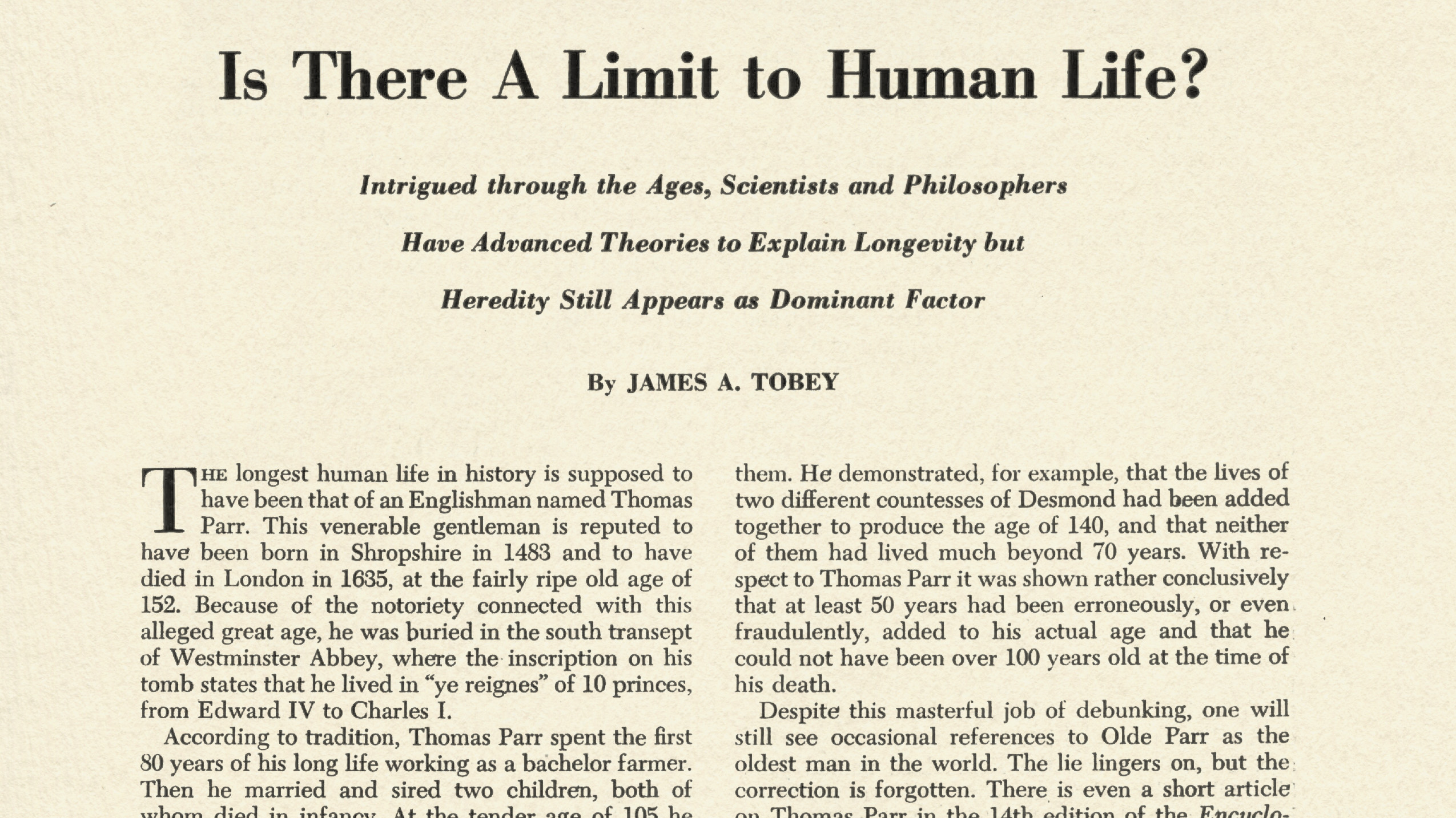 Top of an old article by James A. Tobey entitled &quot;Is There A Limit to Human Life?&quot;
