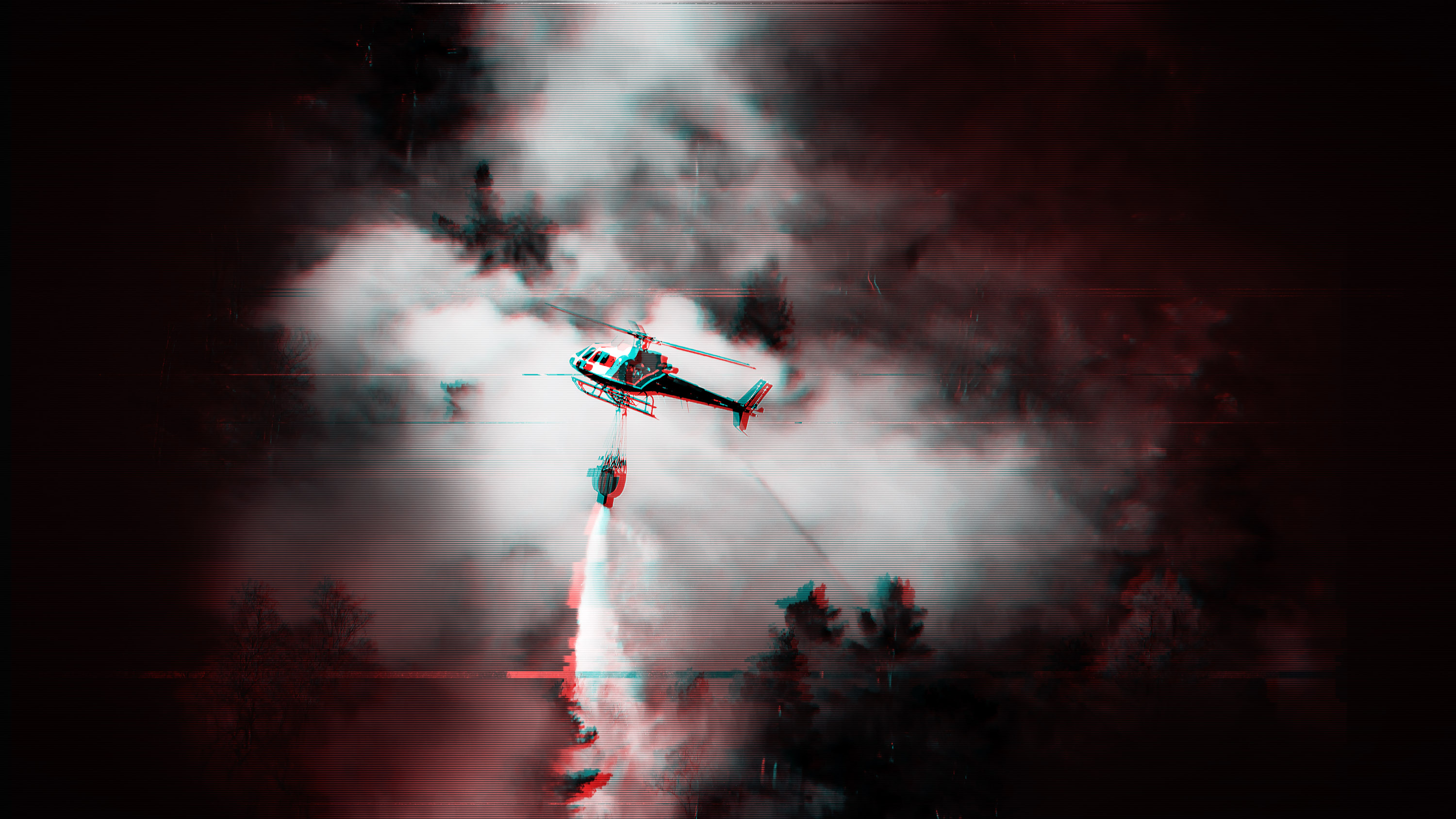 helicopter combating a forest fire with glitch effect