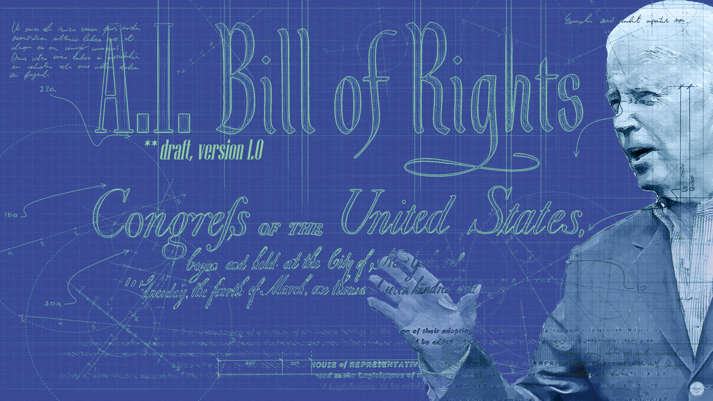 blueprint style illustration of Biden and a hypothetical draft of the AI Bill of Rights
