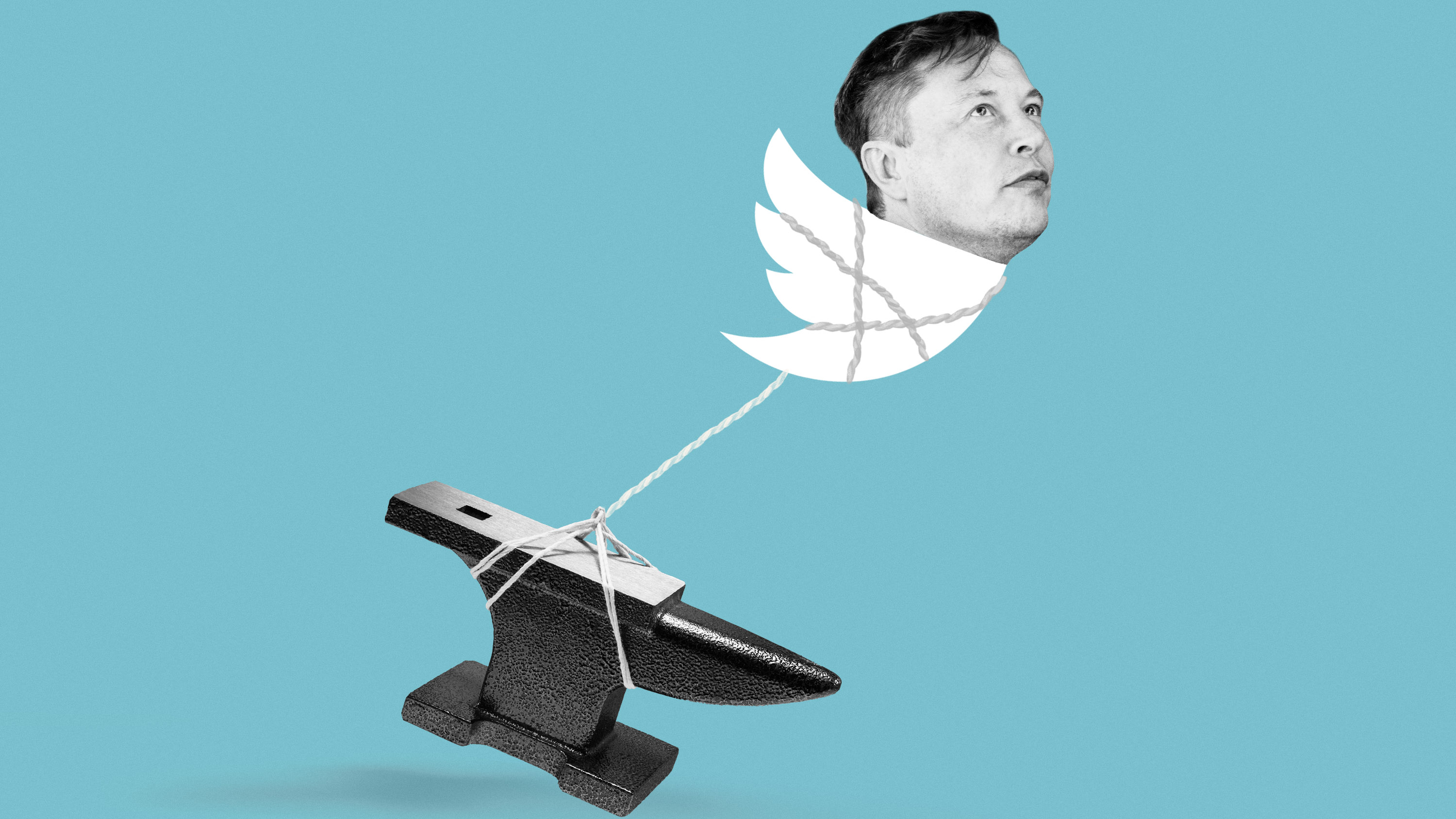 Elon Musk&#039;s head on Twitter icon which is tied to an anvil