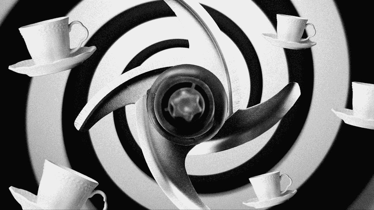 close up of a blender blade spinning within a hypnosis spiral with teacups