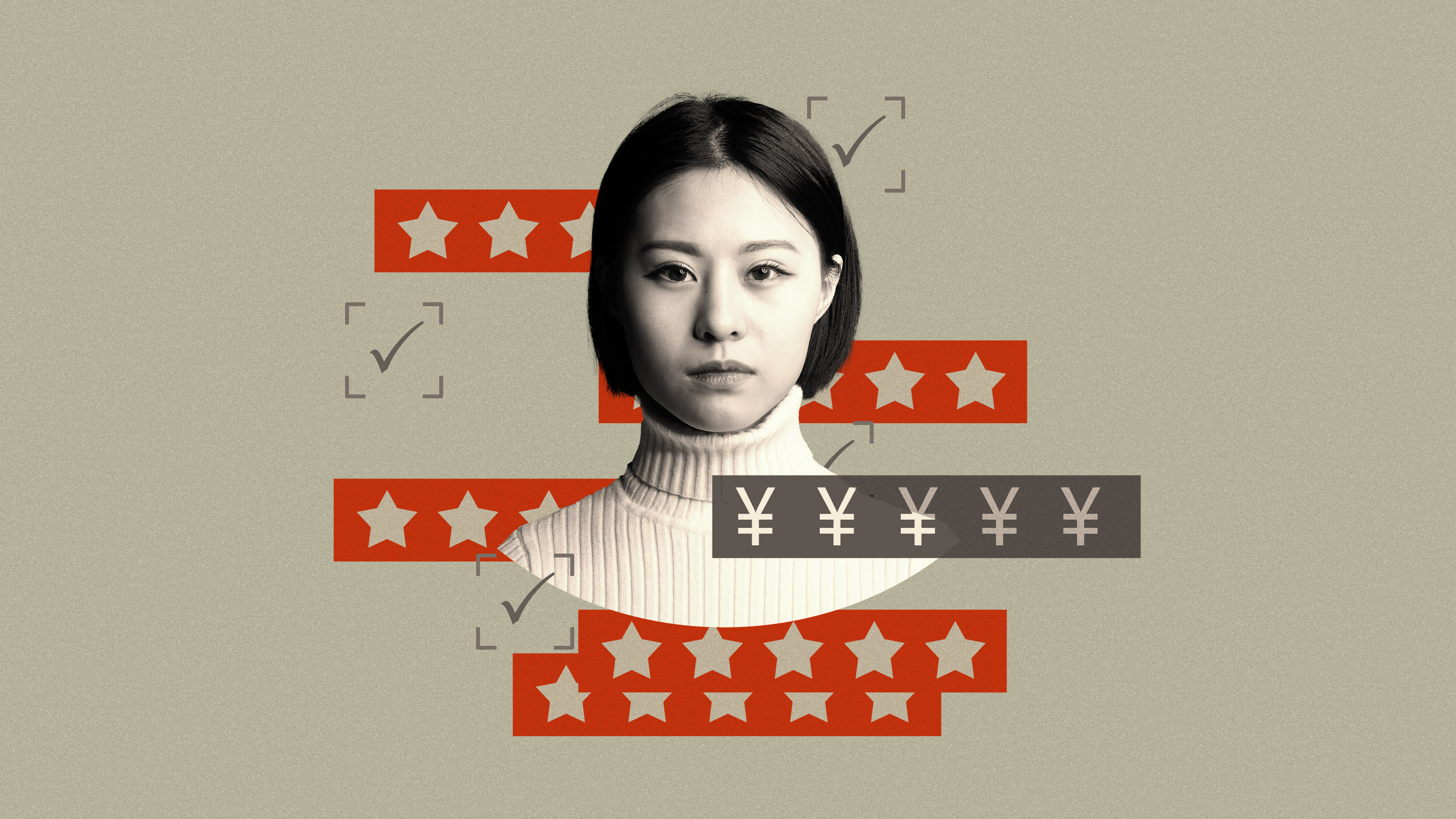 A woman&#039;s face surrounded by symbols of credit ratings.