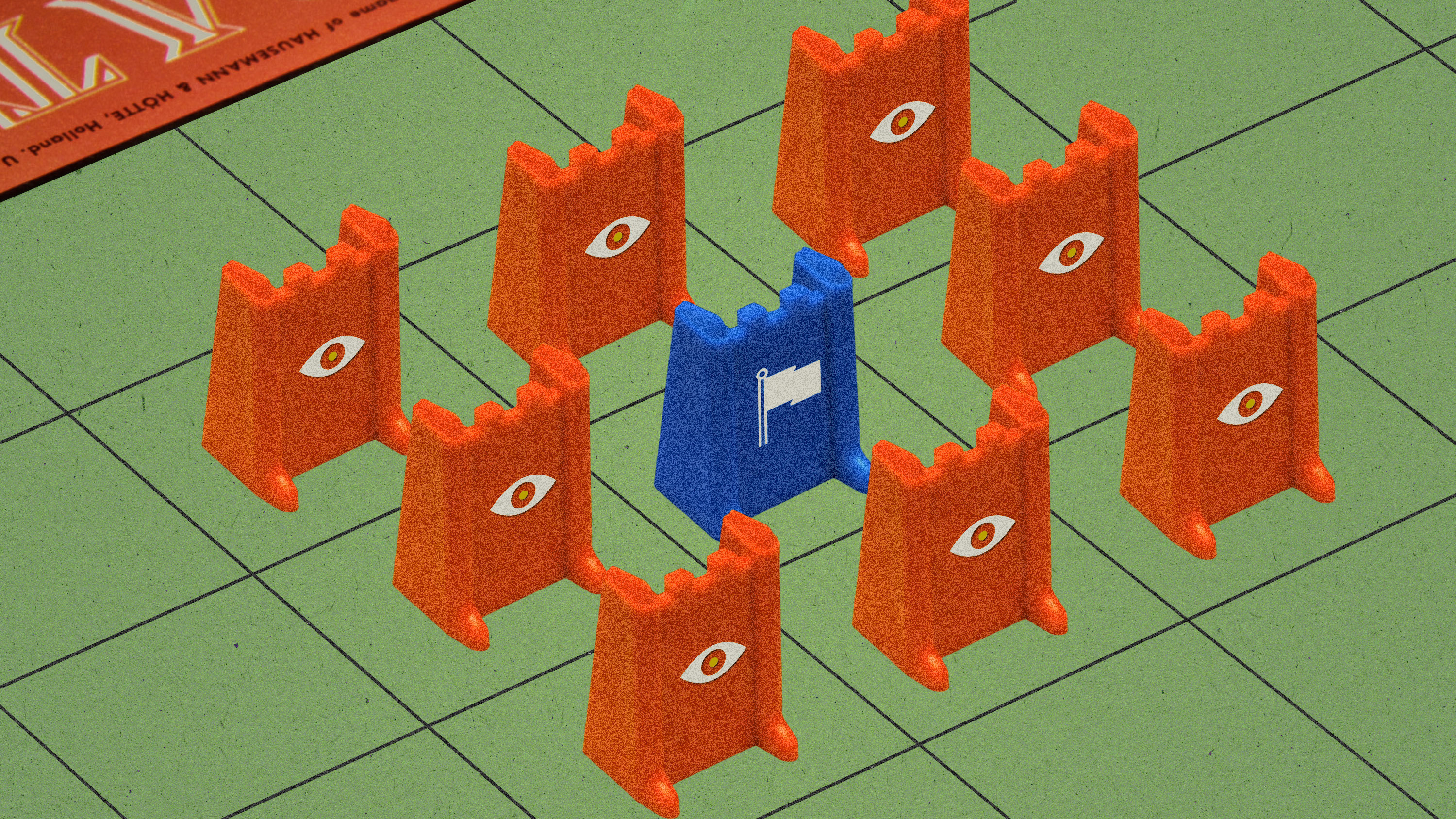 a section of a Stratego board where red pieces with an eye symbol have surrounded a single blue piece with a white flag