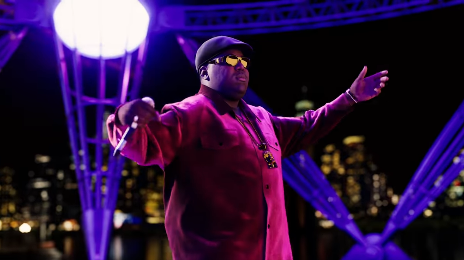 still from &quot;The Notorious B.I.G. Sky’s The Limit: A VR Concert Experience&quot; showing the avatar of Biggie Smalls on the virtual stage