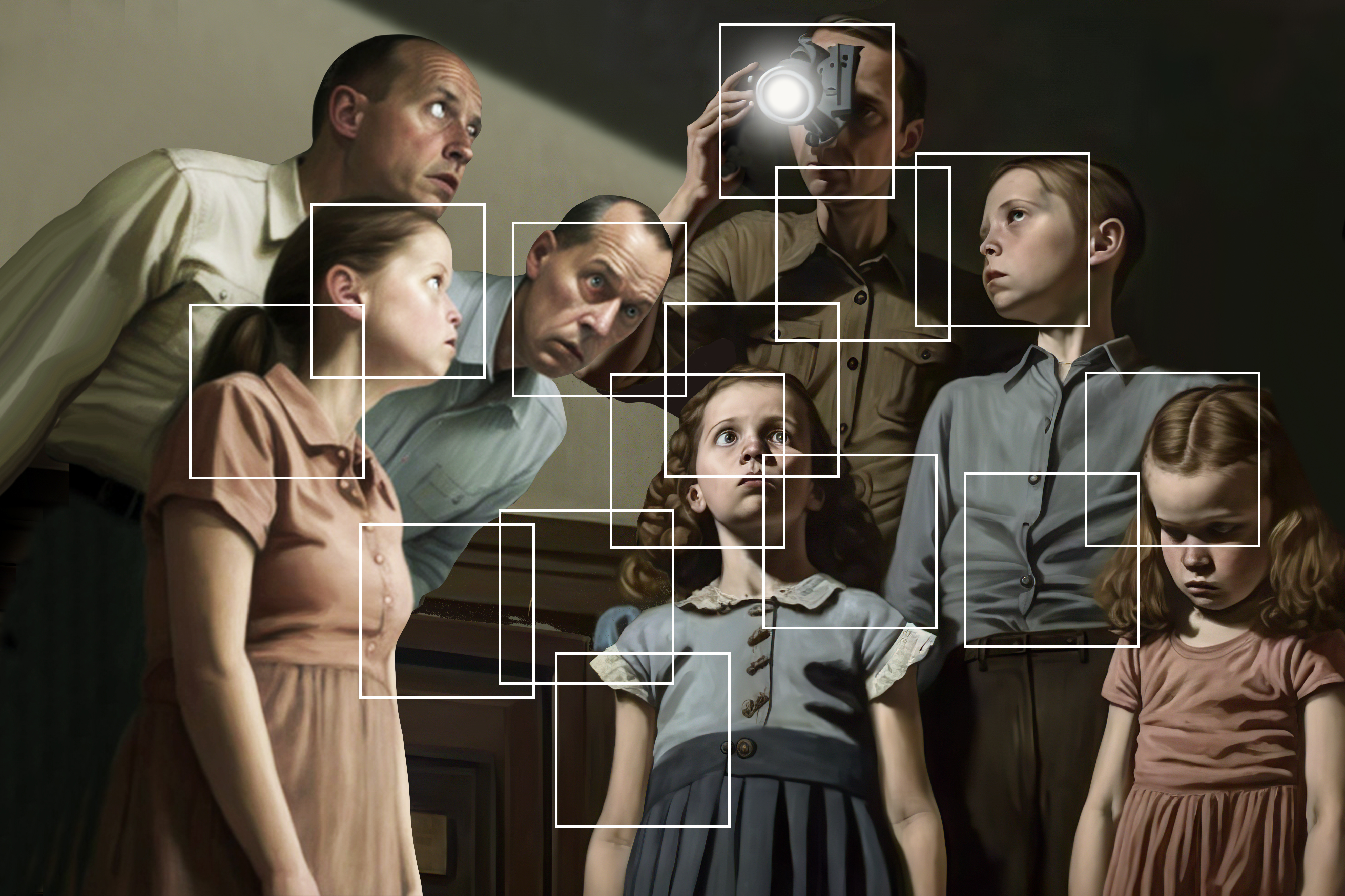 AI mærker over de illustrerede ansigter af en familie