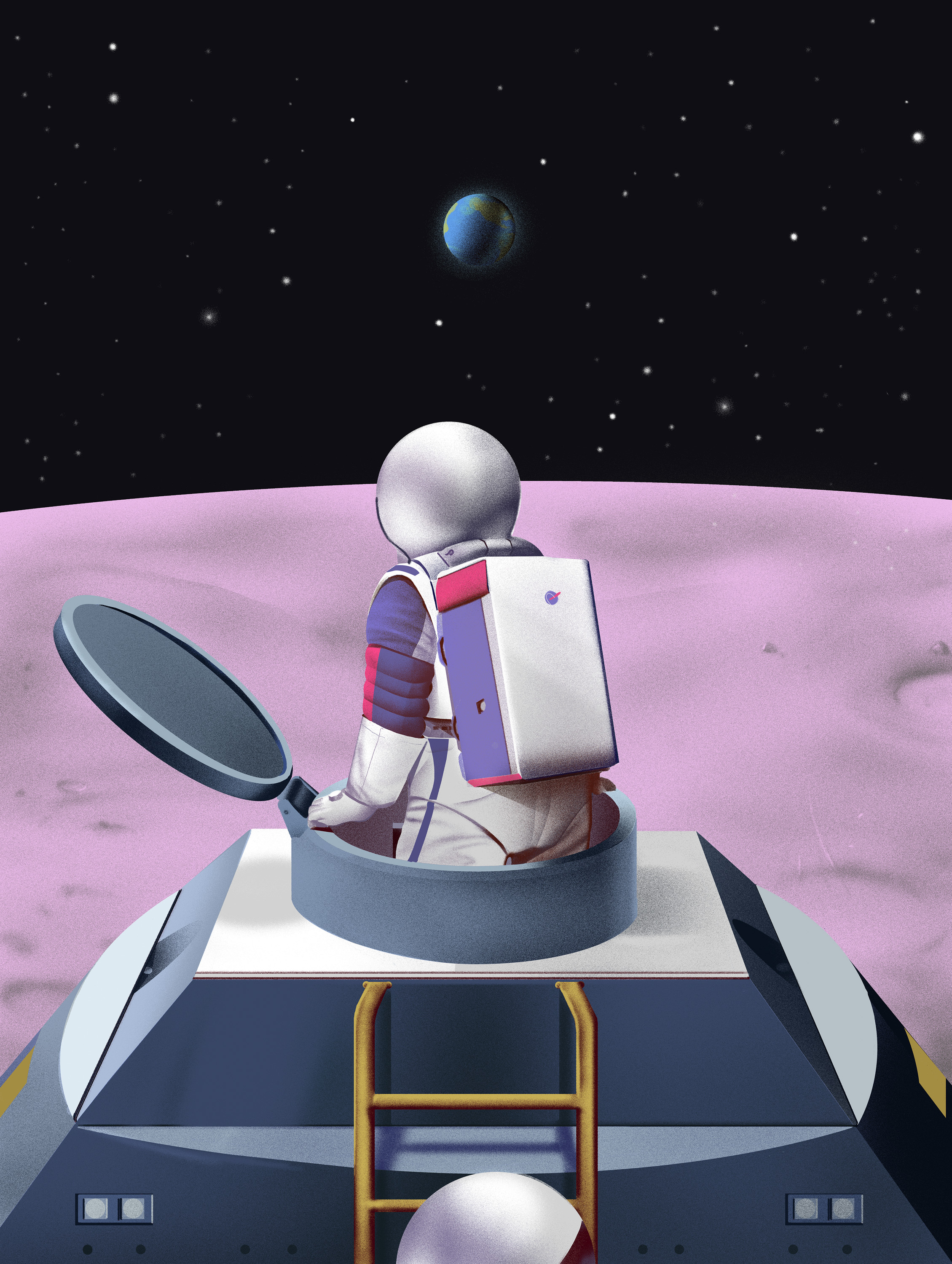 illustration of an astronaut emerging from the hatch of a lunar vehicle