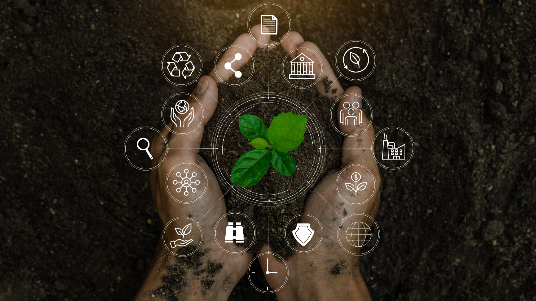 hands holding soil with a growing seedling to represent sustainability, overlaid with technology icons